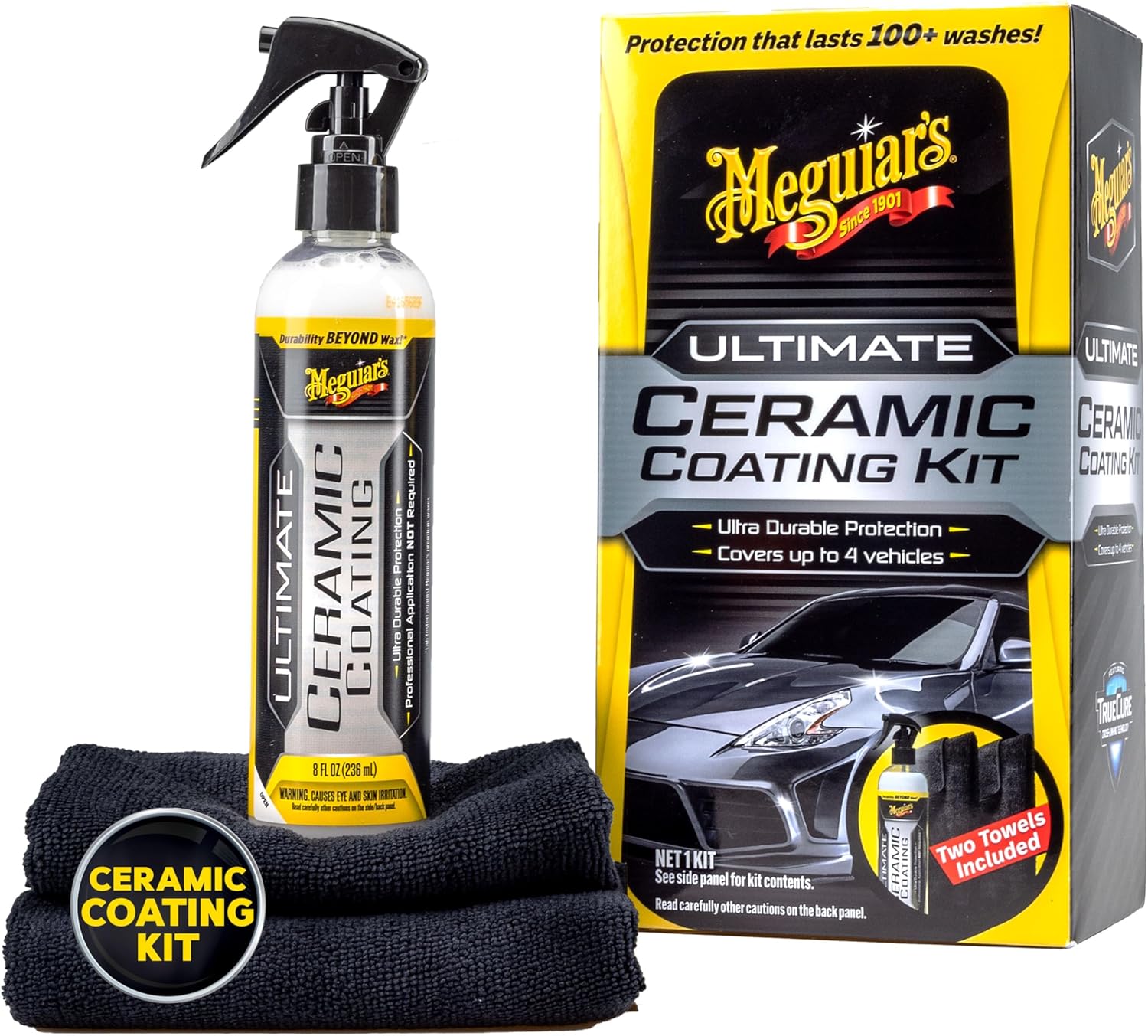 Meguiar's Ultimate Ceramic Coating Kit - Premium Kit for Cars Delivers Ultra-Durable Ceramic Protection with High Water Beading Action, Increased Gloss and Slickness, and Premium Microfiber Towels