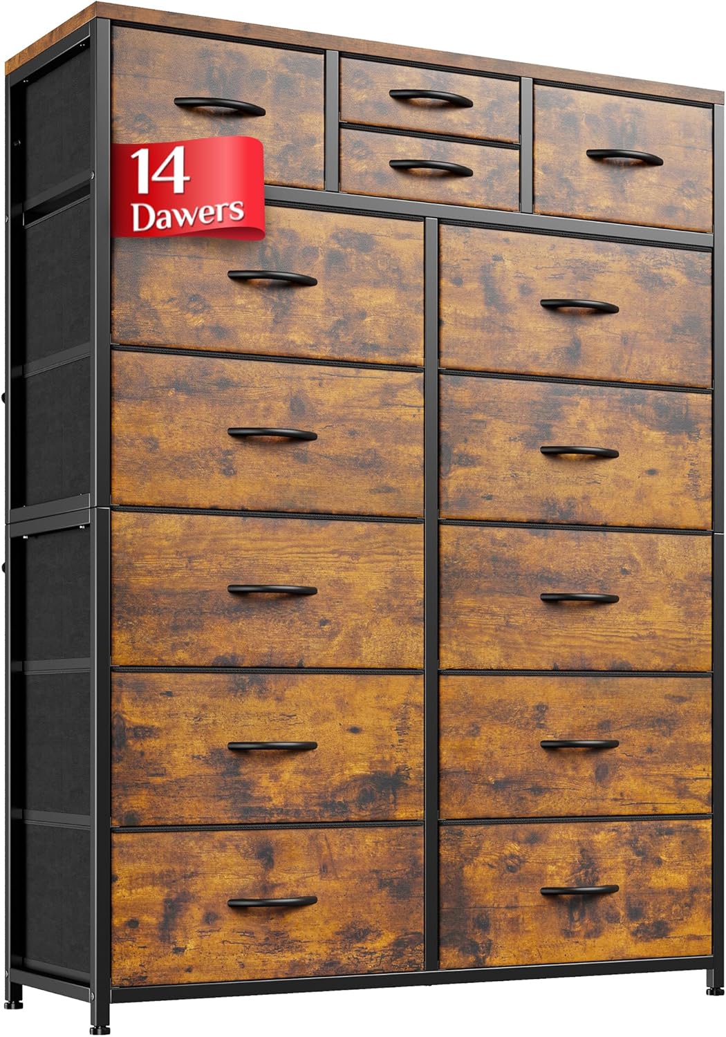 EnHomee Chest of Drawers Bedroom, 14 Fabric Drawers, 132 H (CM) Tall Bedroom Chest of Drawers Dresser, Wooden Top & Metal Frame, Large Storage Drawers for Closet,Living Room, Hallway