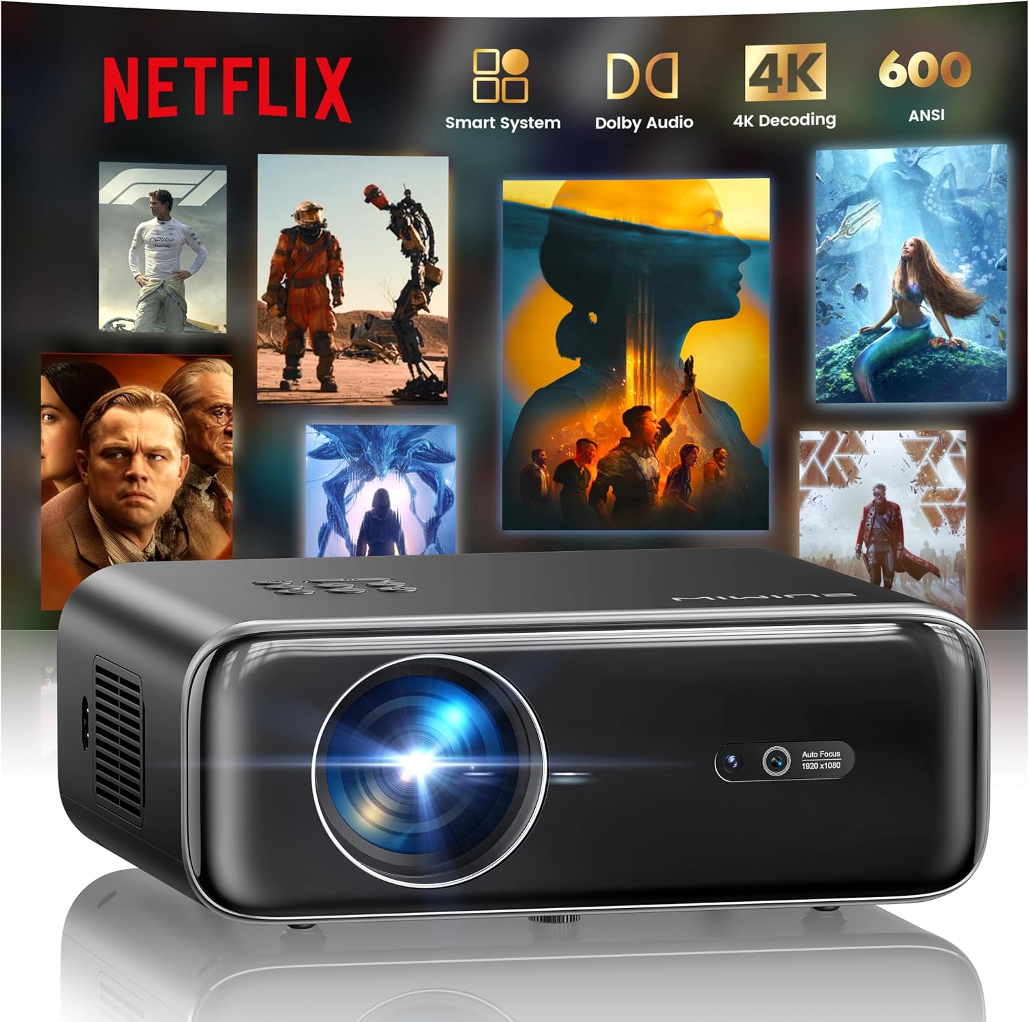 [Built-in Apps/4K Support] Smart Outdoor Projector with WiFi and Bluetooth, Movie Projector, DoIby Audio with Dual Speaker, Auto Focus w/ YouTube&PrimeVideo Proyector, Upgrad P62 Pro