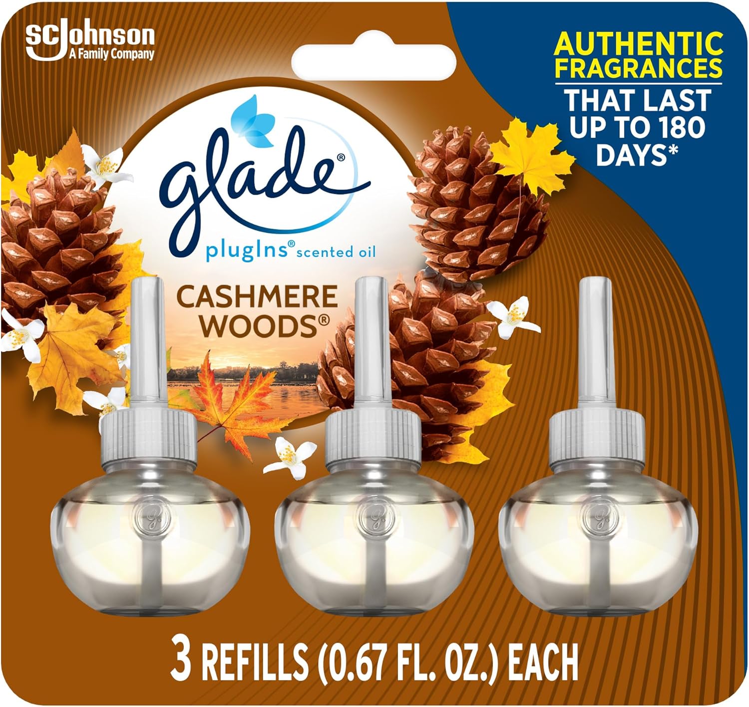 Glade PlugIns Refills Air Freshener, Scented and Essential Oils for Home and Bathroom, Cashmere Woods, 2.01 Fl Oz, 3 Count