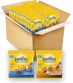 belVita Energy Snack Bites Variety Pack, Banana Dark Chocolate & Sunflower Seed, Blueberry & Sunflower Seed, 15 Snack Packs