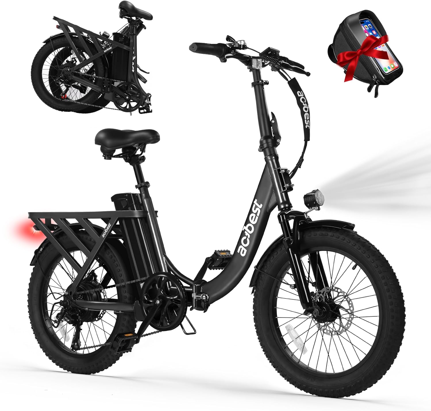ACTBEST Electric Bike for Adults, Mars 20'' Fat Tire Folding Ebike with Peak 1200W Motor, 7 Speed 28MPH, 48V 499Wh Removable Battery Max Range 55 Miles, Foldable Electric Bicycle