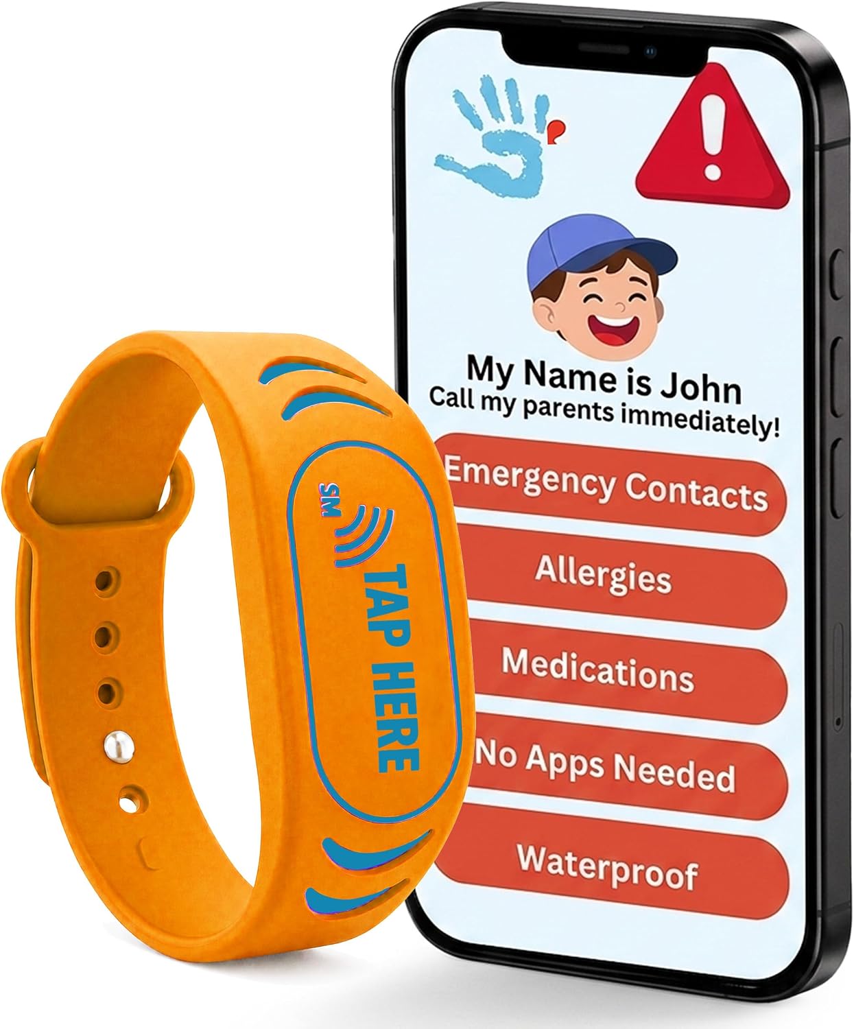 Adjustable Kids ID Bracelet, NFC Safety Band, Waterproof, No Subscription | Waterproof silicone; not GPS; nonverbal kids medical info; tap-to-scan emergency contact; adjustable band