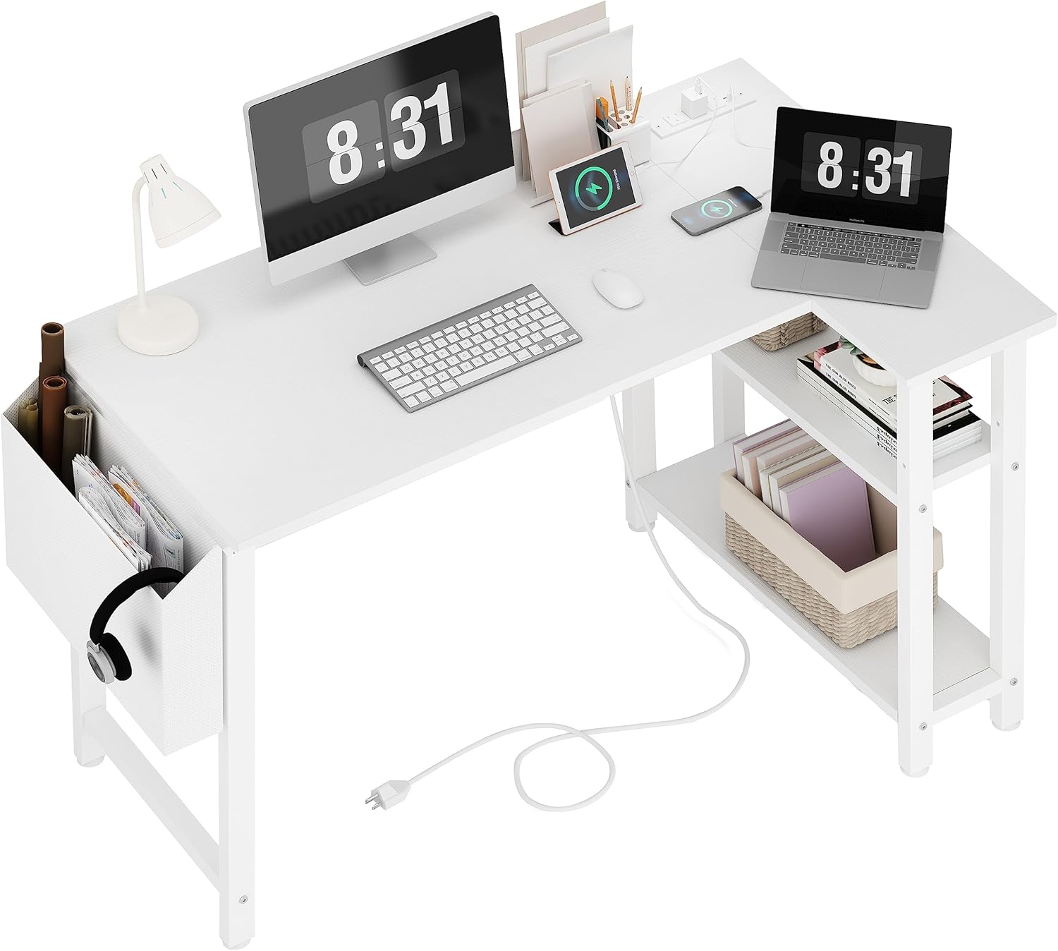 Lufeiya White L Shaped Computer Desk with Power Outlet Shelves, 40 Inch Small Reversible Corner Desk for Small Space Home Office, L-Shaped Desk PC Desks, White