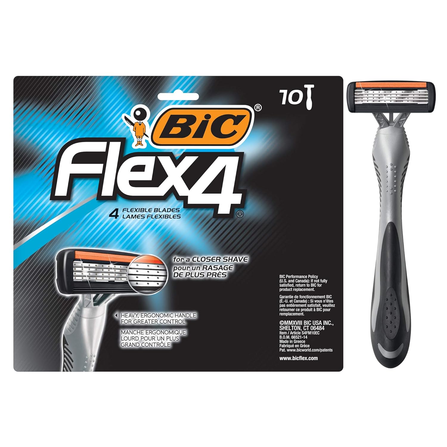 BIC Flex 4 Sensitive Disposable Razors For Men, For a Smooth, Ultra-Close and Comfortable Shave, 10 Piece Disposable Razor Set with 4 Blades
