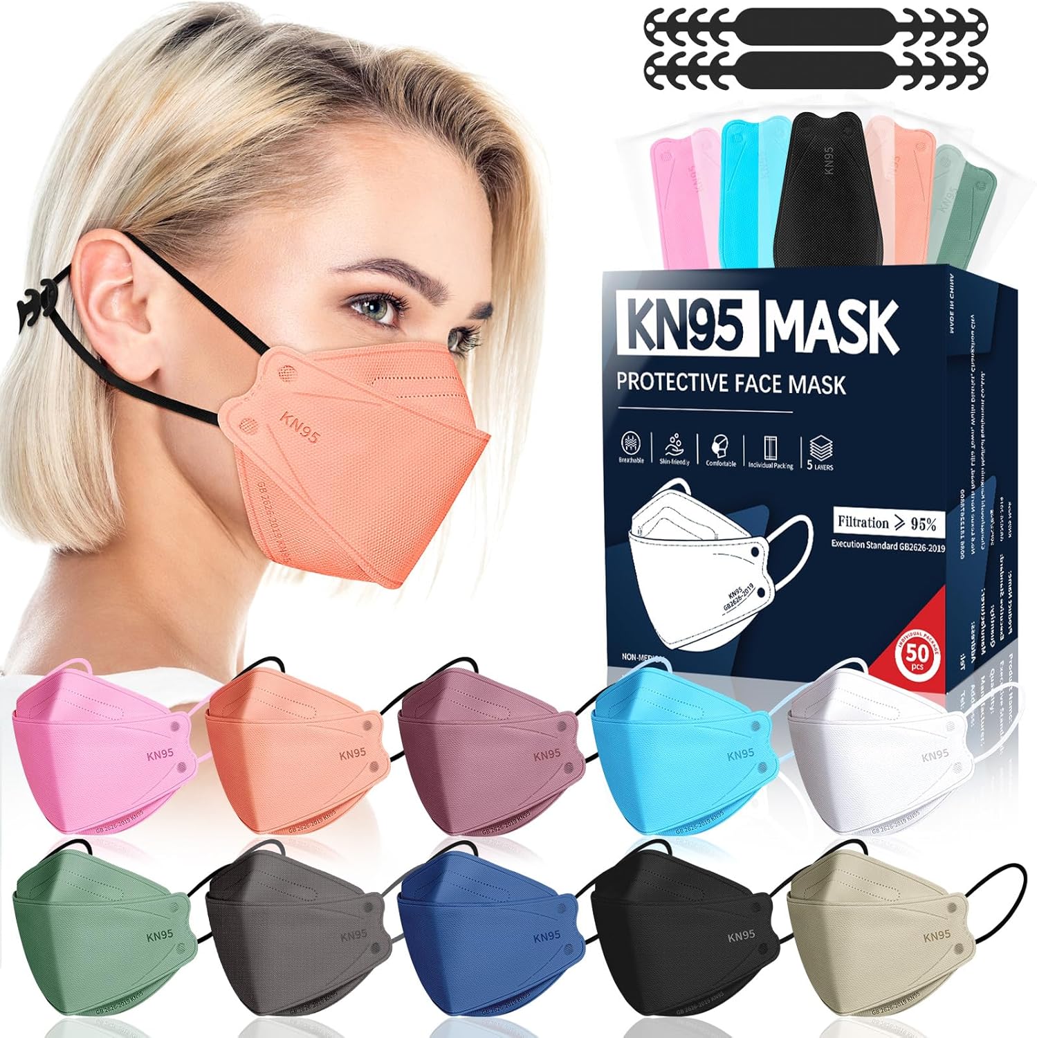 FENFEN KN95 Face Masks Disposable Adults - 50 Pack 5 Layer Protection Dust Breathable Comfortable Respirator Women KN95 Mask Individually Wrapped