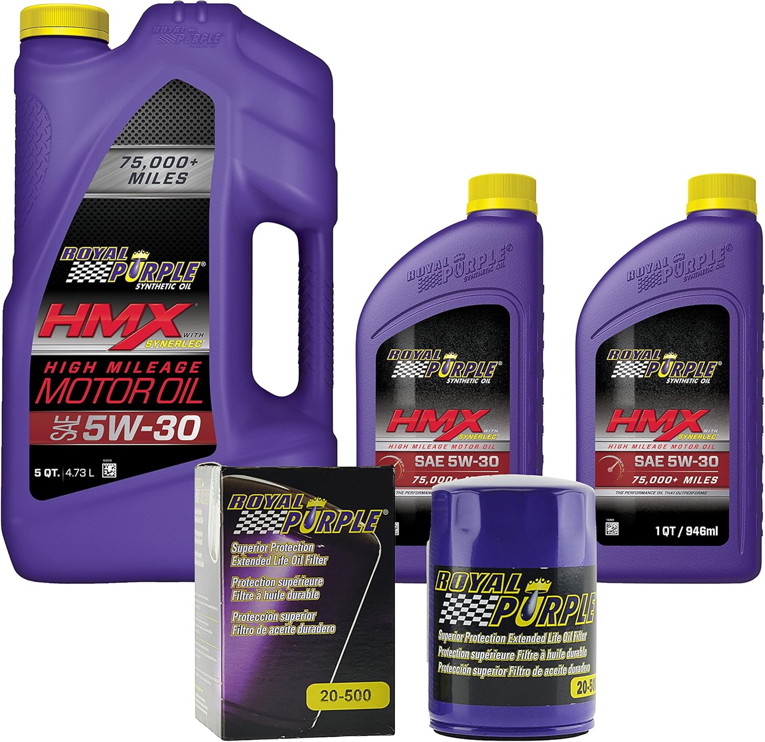 Royal Purple HMX® 5W-30 Synthetic High Mileage Motor Oil – 7 quarts and a 20-500 Extended Life Premium Oil Filter