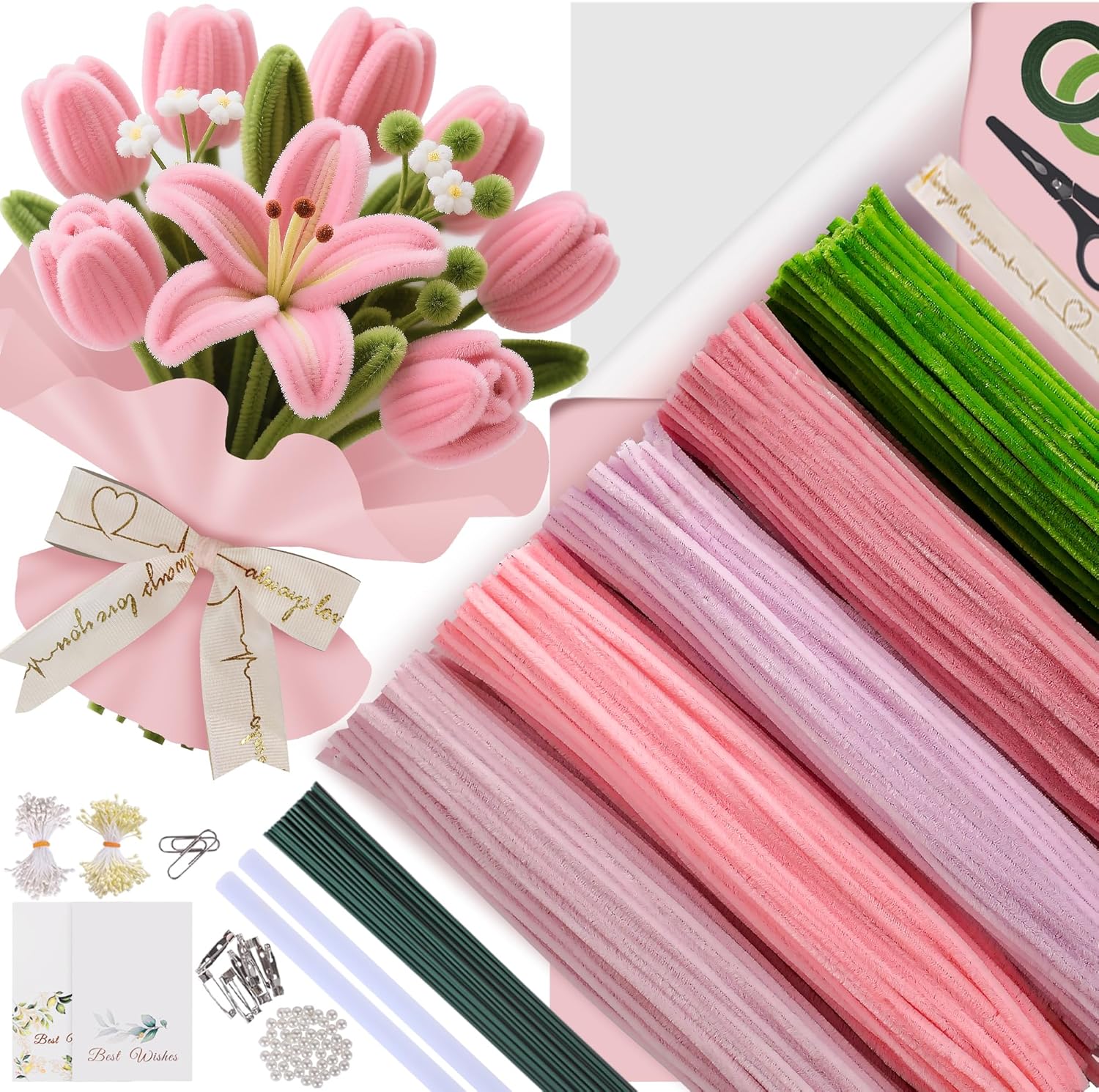 500 Pcs Pipe Cleaners Craft Kit for Flower Making, Complete DIY Flower Craft Set with Chenille Stems, Craft Wire, Stamen, Tape, Ribbon & More, Perfect for Arts, Gifts & Decorations