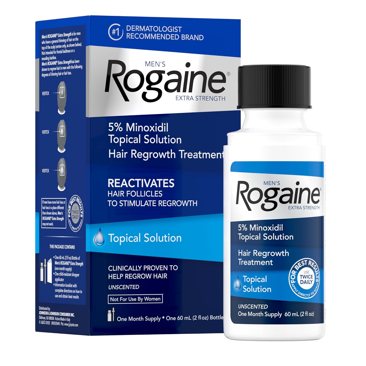 Men's Rogaine Extra Strength 5% Minoxidil Topical Solution for Hair Loss & Regrowth, Topical Treatment for Men, Unscented Minoxidil Follicle Booster Solution, 1-Month Supply, 2 fl. oz