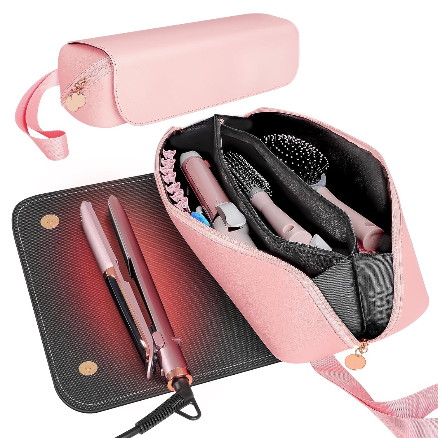 SS 2 in 1 Hair Tools Travel Bag with Heat Resistant Mat, Flat Iron Travel Case for Curling Iron, Hair Straightener, Fat iron, Waterproof Toiletry bag for Women, Pink