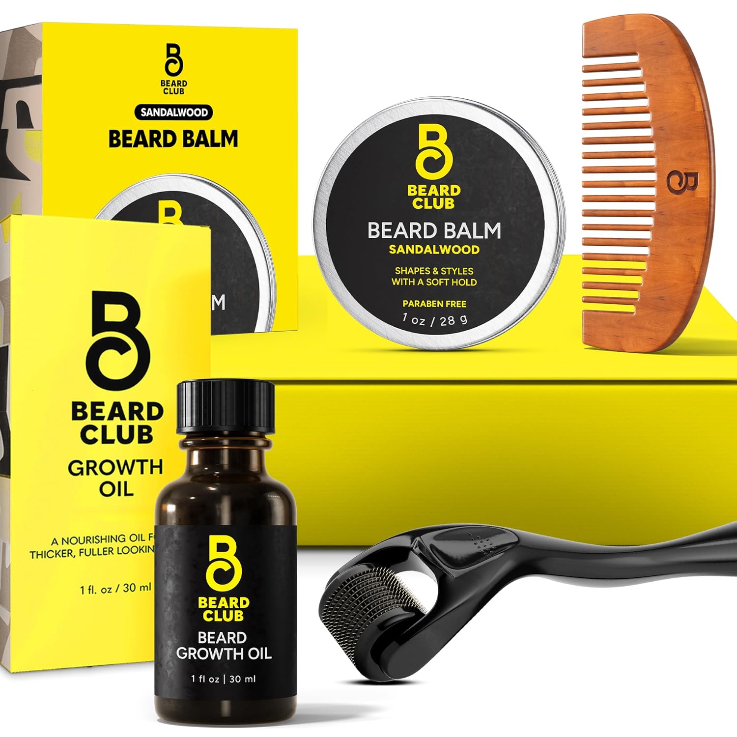 The Beard Club Beard Growth Kit - Derma Roller, Beard Growth Oil, Sandalwood Beard Balm, Beard Comb - Gift Set