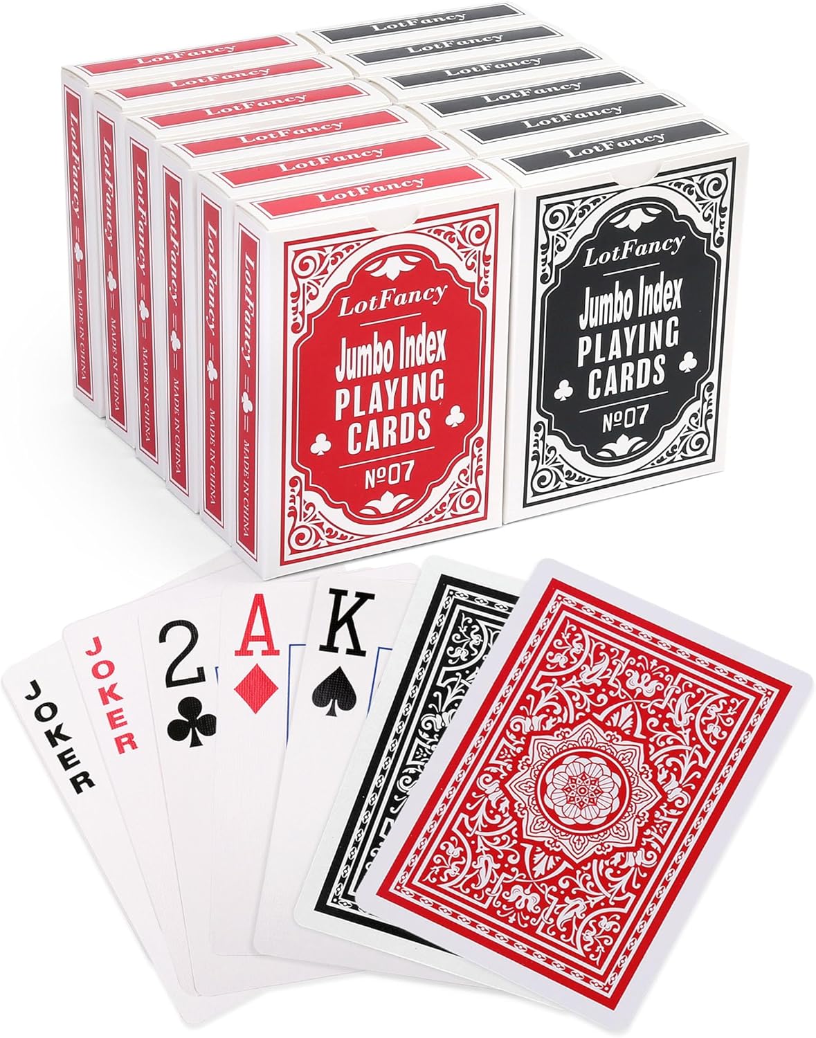 LotFancy Playing Cards, Large Print, 12 Decks of Cards (6 Black 6 Red), Jumbo Index, Poker Size, for Texas Hold'em, Blackjack, Euchre Cards Games
