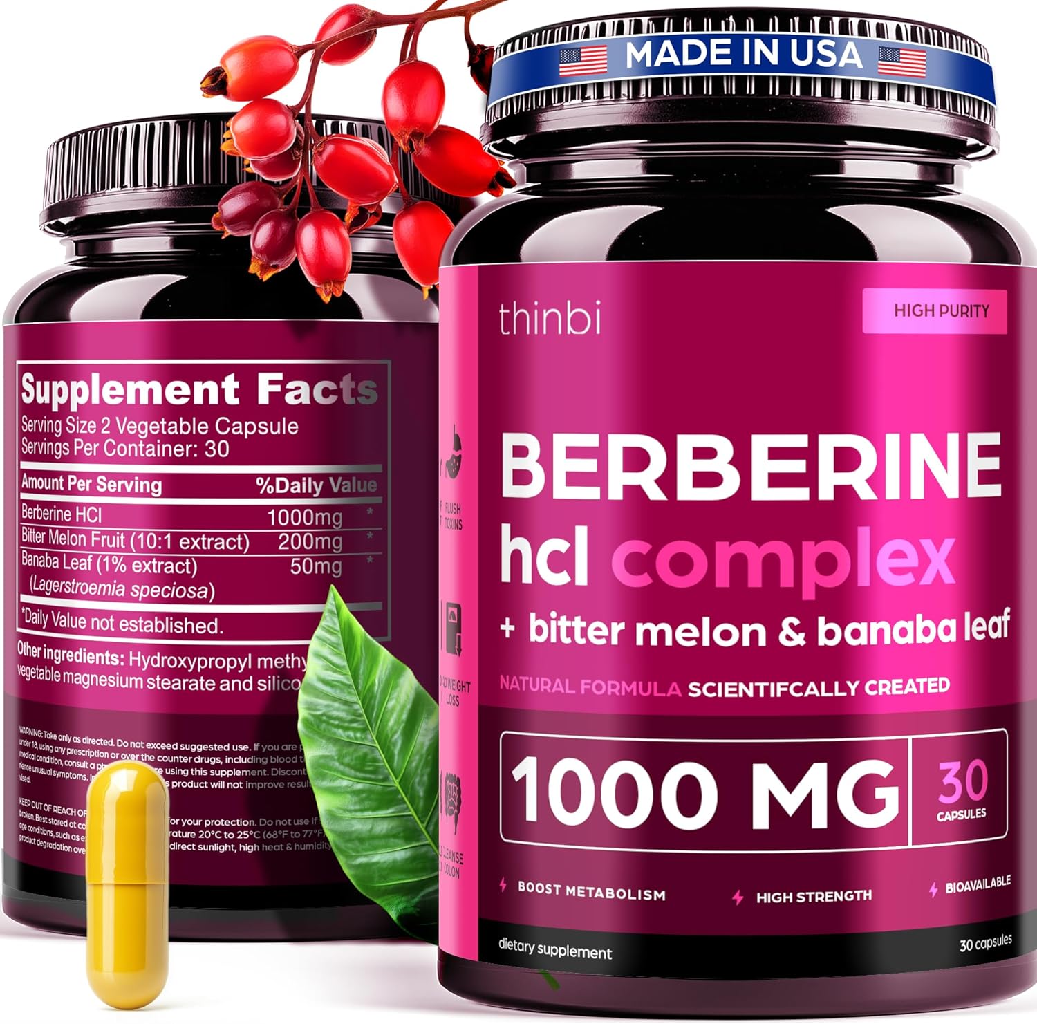 Berberine Supplement 1000mg Potent Botanical Capsules for Weight Management with Bitter Melon and Banaba Leaf - HCl from Barberry Extract- 30 Servings