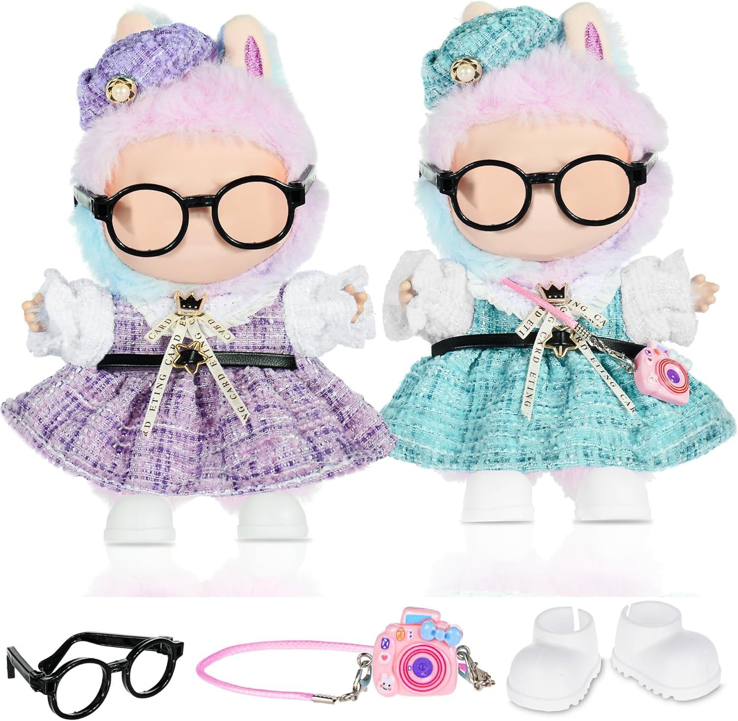 2 Sets Kawaii Doll Clothes for 17cm Plush Dolls - Dress Up Clothing Set Replacement Stylish Dress with Shoes Glasses and Camera Shoulder Bag Collection Fits 6.7 Inch Mini Dolls (No Doll)