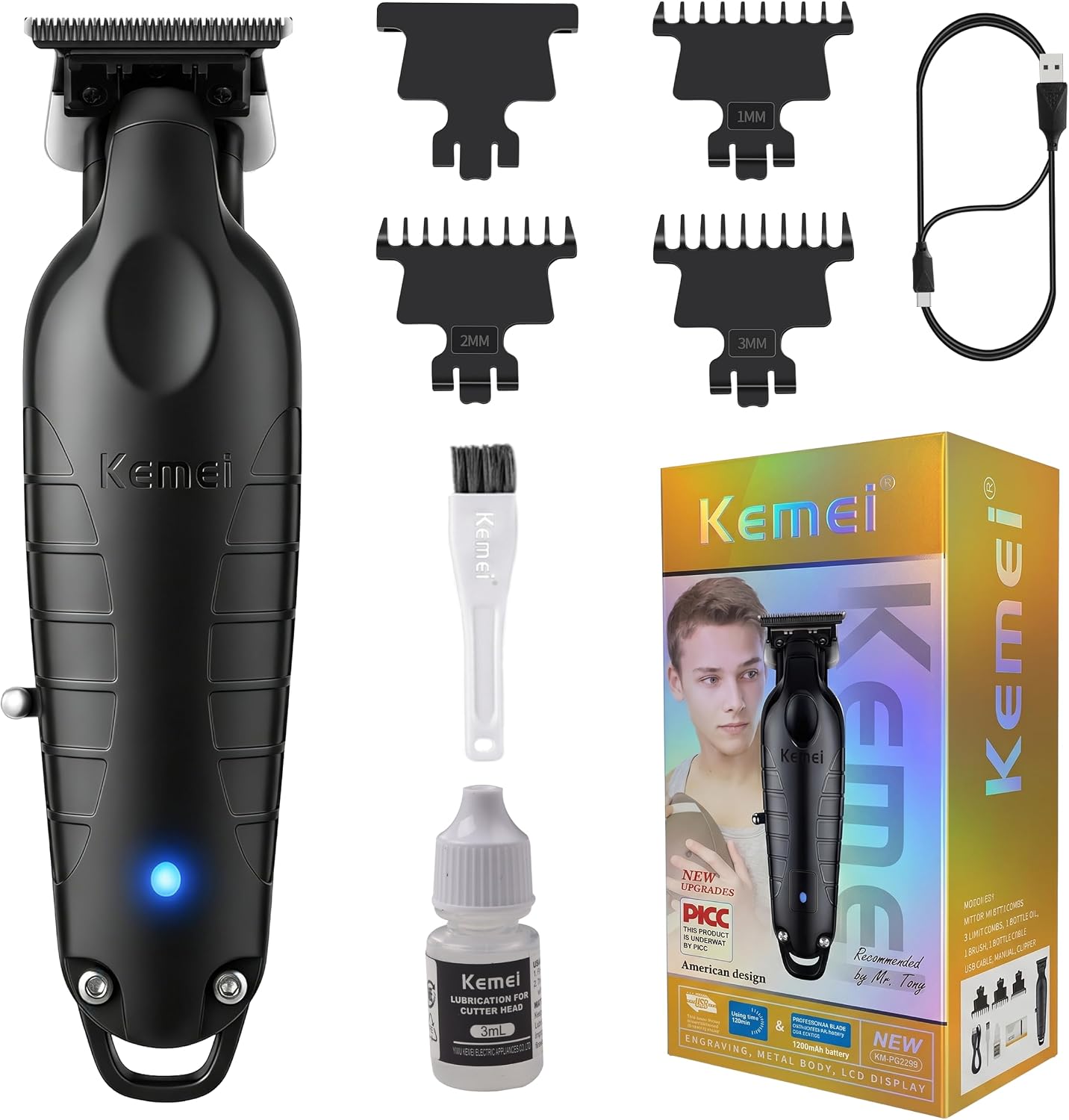 KEMEI PG2299 Professional Hair/Beard Trimmer for Men, Zero Gapped Hair Clippers for Barbers, Cordless