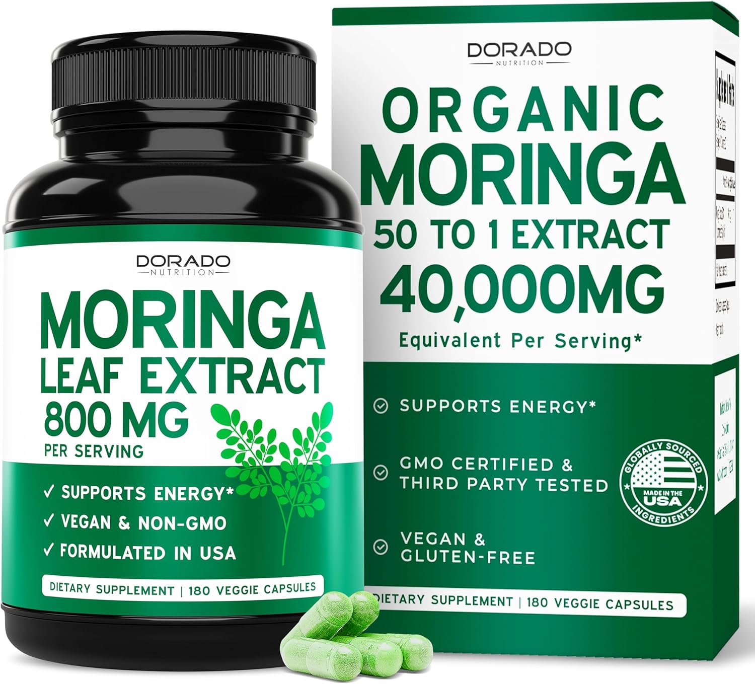 Organic Moringa Capsules 40,000mg (3 Month Supply) Pure Organic Moringa Leaf Powder Supplement - Energy, Skin, Gut Health Support - Vegan Safe, Third Party Tested & Non GMO - USA Made - (180 Capsules)