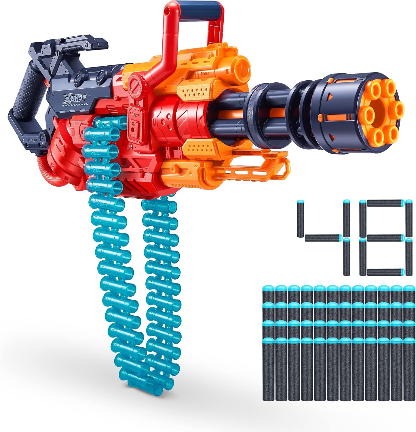XSHOT Excel Crusher Foam Dart Blaster (35 Dart Belt, 48 Darts), Red Toy Blaster