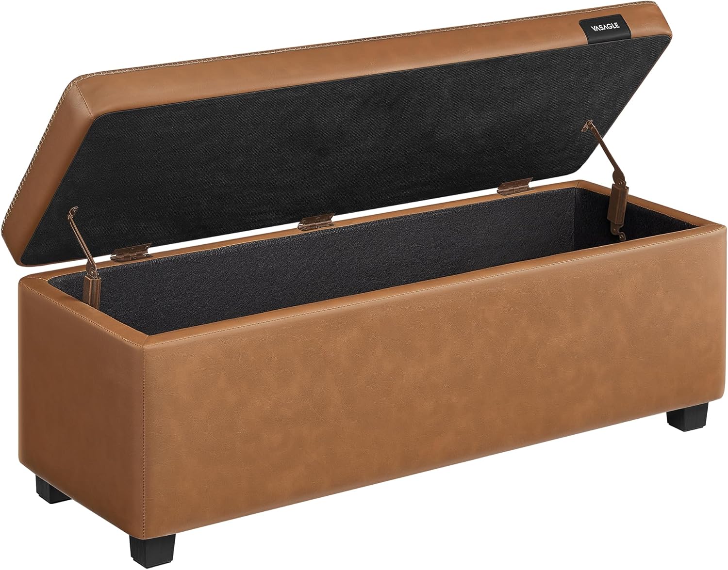 VASAGLE EKHO Collection - Storage Ottoman Bench, Entryway Bedroom Bench, 25 Gallons, Synthetic Leather with Stitching, Mid-Century Modern, Safety Hinges, Loads 660 lb, Caramel Brown ULOM075K01