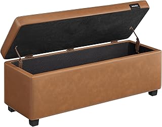 VASAGLE EKHO Collection - Storage Ottoman Bench, Entryway Bedroom Bench, 25 Gallons, Synthetic Leather with Stitching, Mid-Century Modern, Safety Hinges, Loads 660 lb, Caramel Brown ULOM075K01