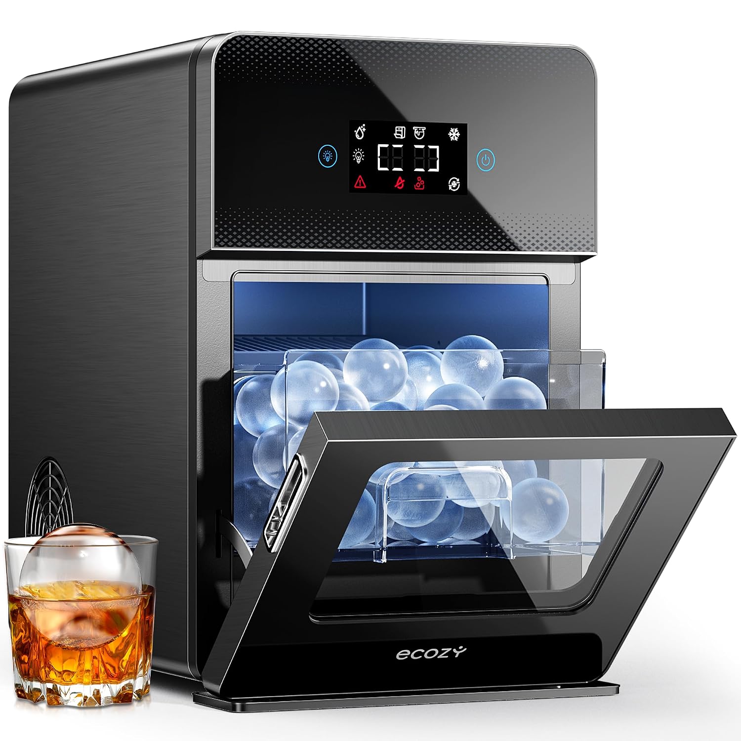 ecozy 2" Clear Ice Ball Maker Countertop, 144 Pcs/Day, Sphere Ice Maker | CrystalFlux Technology, 4 Pcs in 40 Mins, Enhanced Insulation, Automatic Water Supply, Self-Cleaning | Whiskey Bar