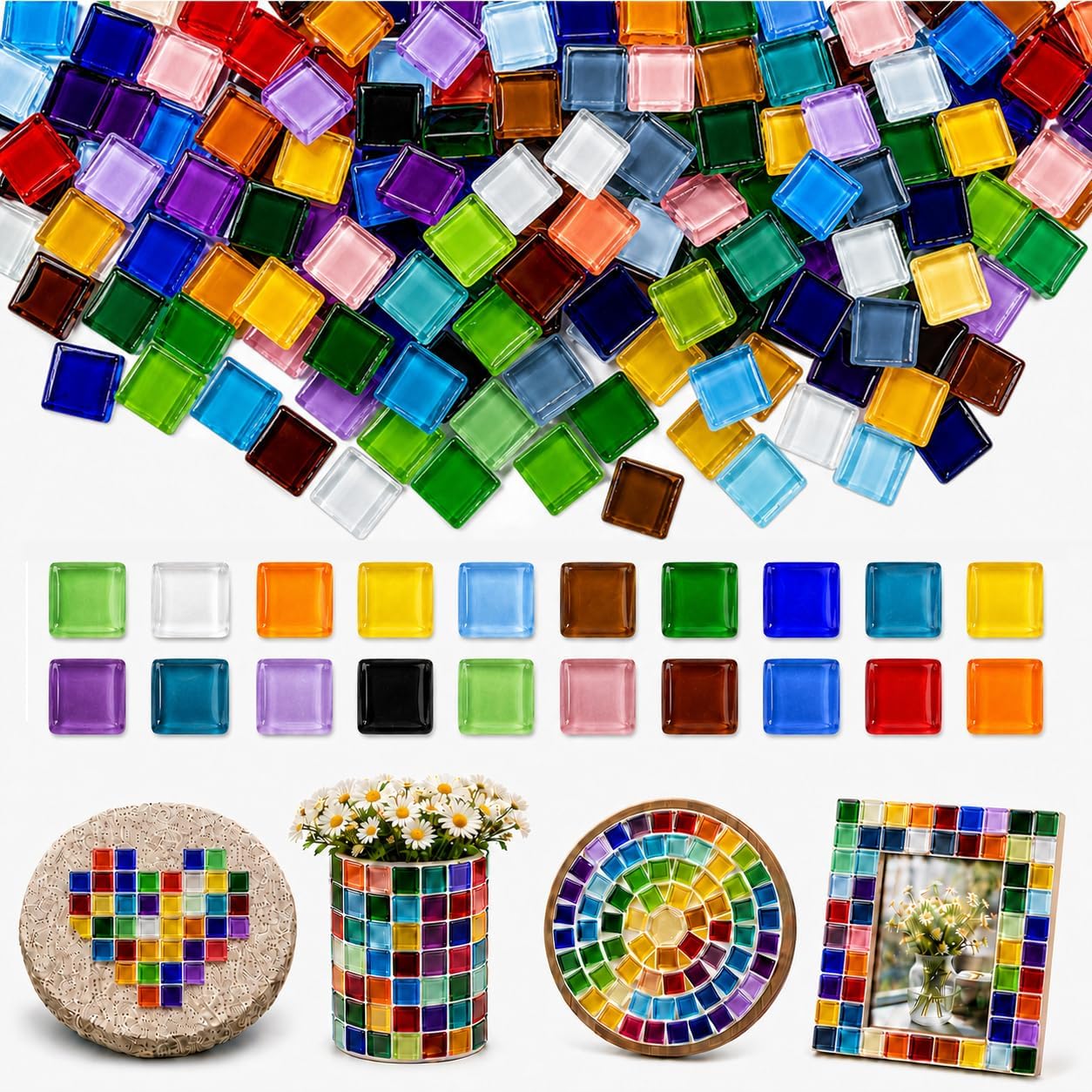 1100pcs Mixed Colors Glass Mosaic Tiles, Square Mosaic Tiles for Crafts