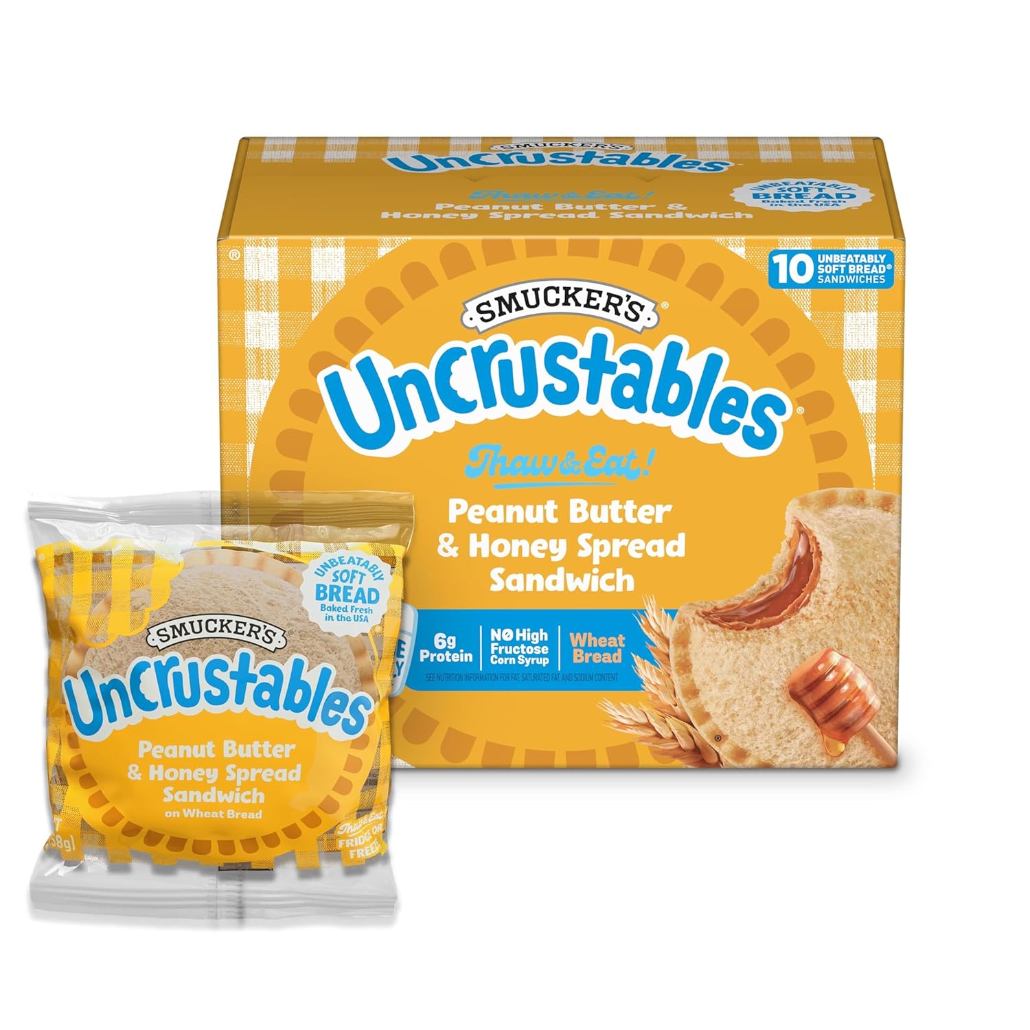 Smucker’s Uncrustables Peanut Butter & Honey Spread Sandwiches, 10 (Frozen) | 2-oz. sandwiches on wheat, Fridge Friendly for up to 5 days, Unbeatably Soft Bread baked with no artificial preservatives