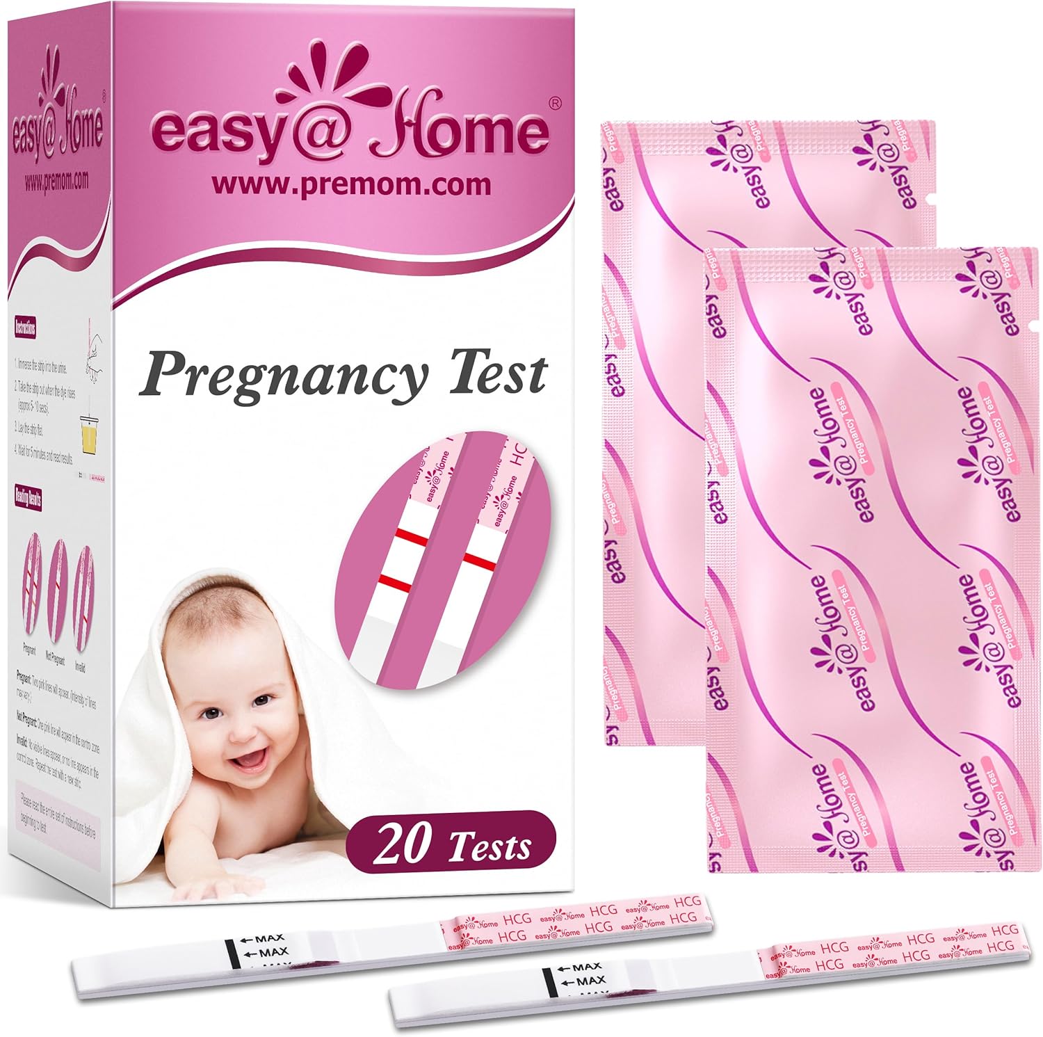 Easy@Home 20 Pregnancy Test Strips for Early Detection, 10 MIU/mL, 5 mm Width