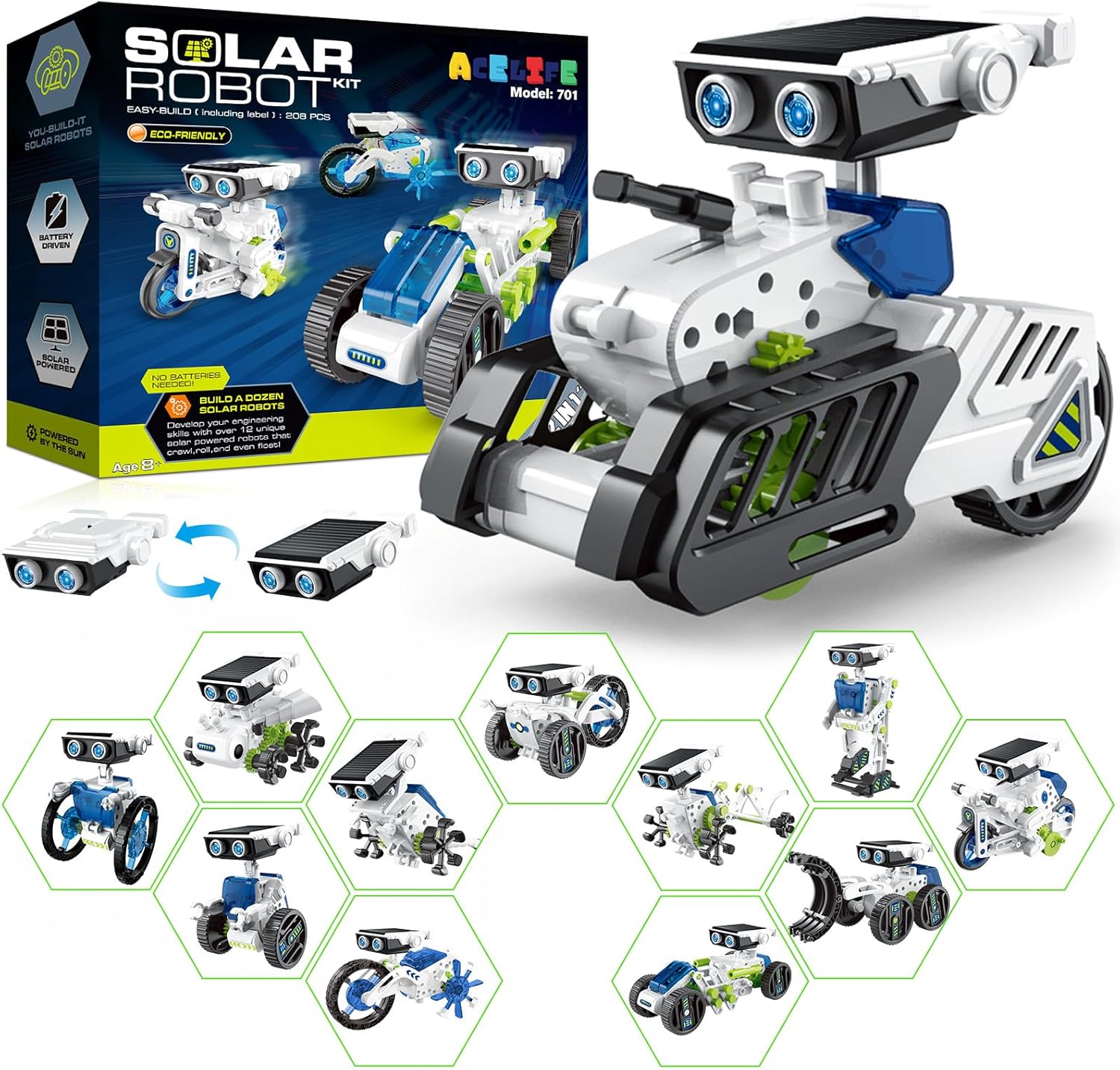 ACELIFE Solar Robot Toy,12 in 1 STEM Toys for Kids Age 8-12, Solar Power Building Toy with Solar Panel and Battery,Educational Engineering Robotics Christmas Birthday Gifts Toy for Boys Girls (Green)
