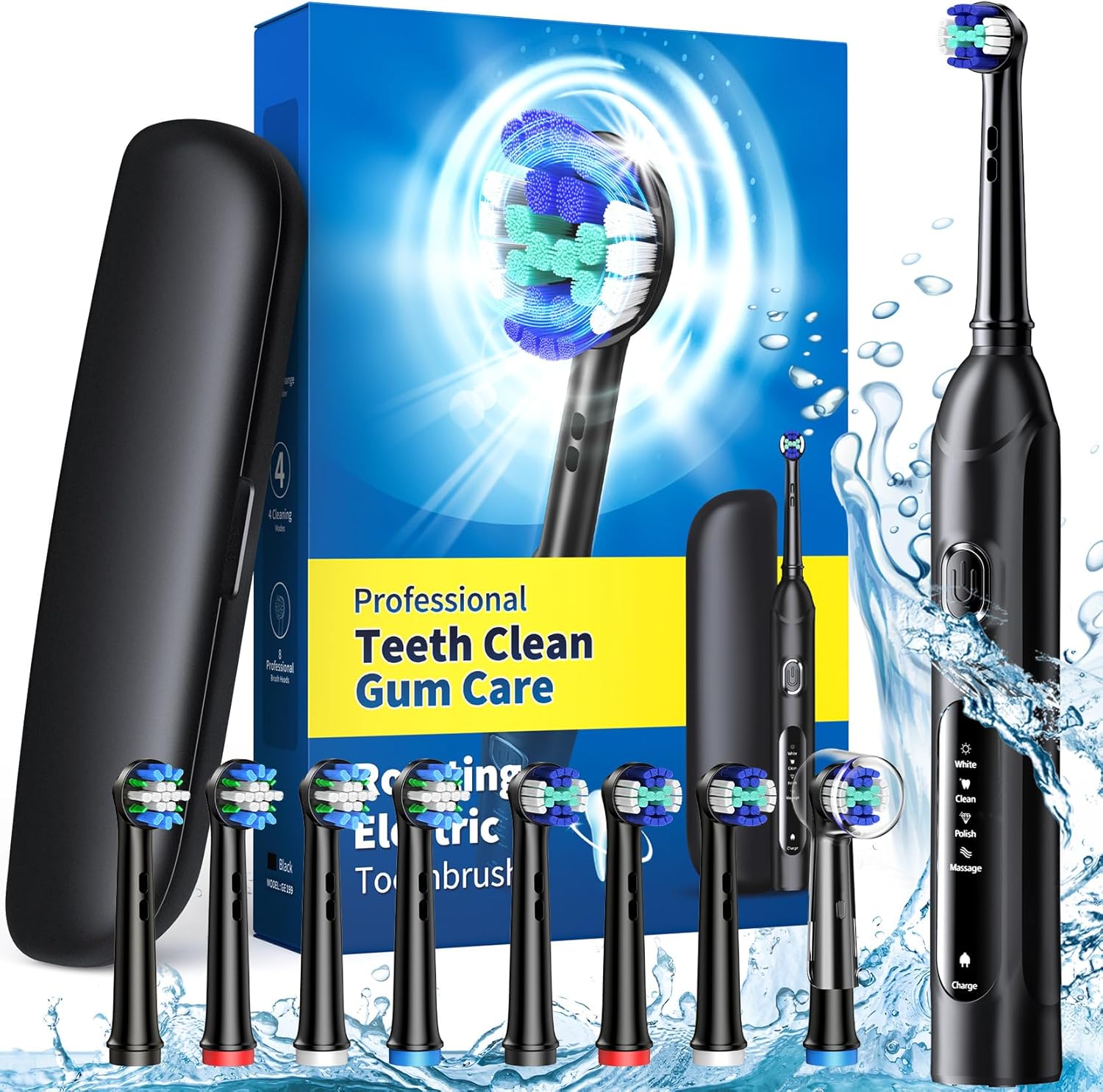 Rotating Electric Toothbrush for Adults with 8 Brush Heads (2 Types), 4 Modes Deep Clean Electric Toothbrush with Rechargeable Power and 2 Min Smart Timer (1- Black, with travelcase)