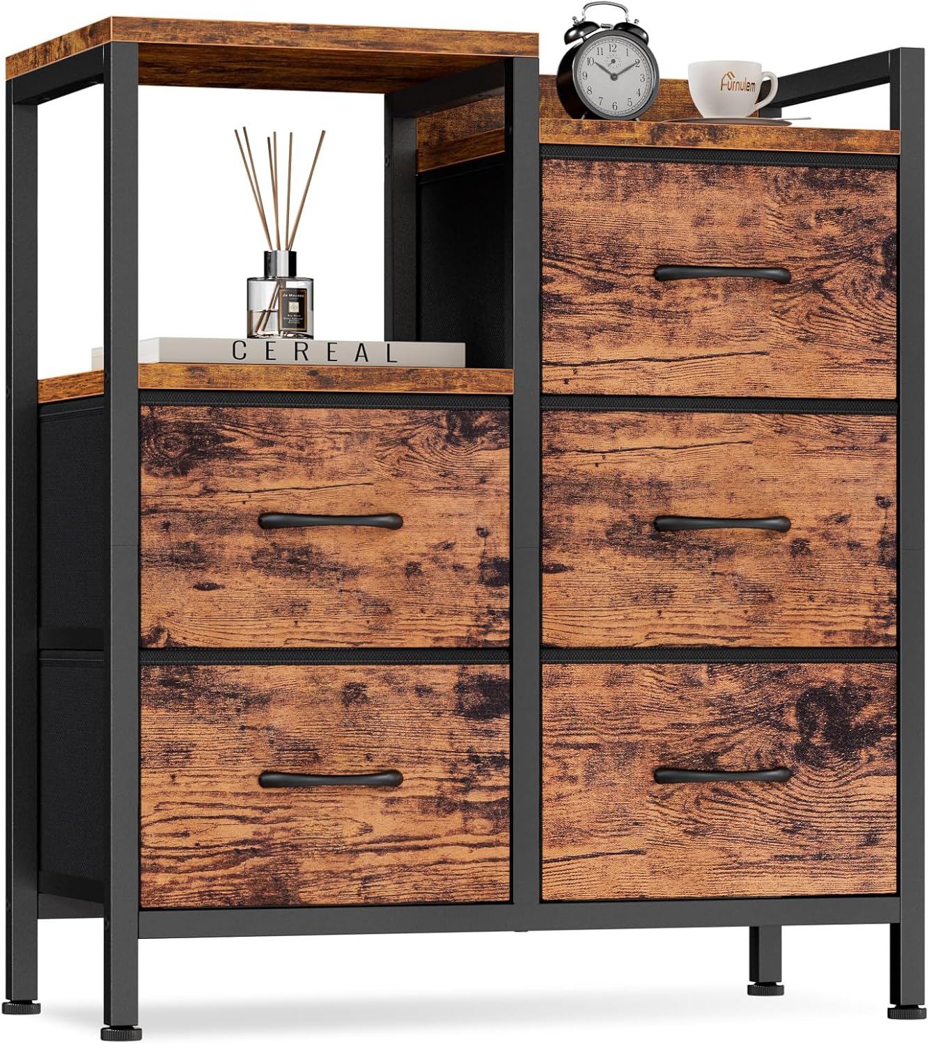 Furnulem 5 Drawer Rustic Dressers for Bedroom 2 Tier Shelf Storage Small Fabric Dresser for Closet Sturdy Metal Frame Modern Dresser Bedroom Dresser with Drawers for Hallway Rooms