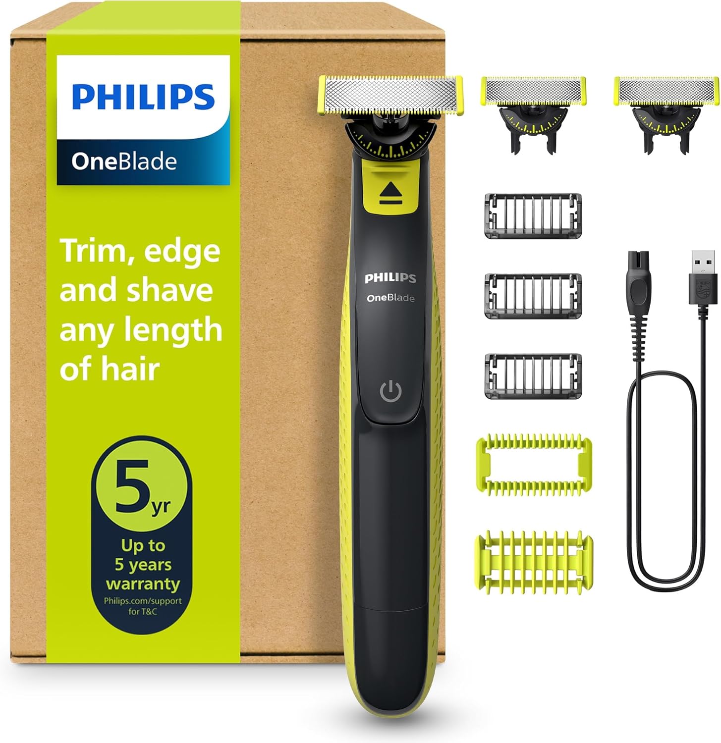 Philips OneBlade 360 Hybrid Face + Body, Electric Shaver, Beard Trimmer and Body Groomer, with 360 Blade Technology, 3X 360 Blade for Face, 3X Stubble Comb (1,3,5mm), 1x Body Kit, Model QP2824/31