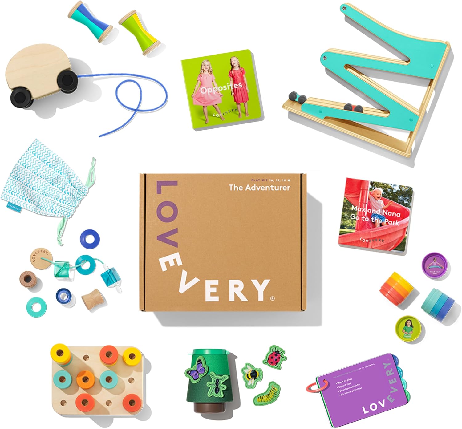 Lovevery, The Adventurer Play Kit + Bonus Book, Development Toddler Toys and Gift, Montessori Toys to explore gravity, motion and build finger strength, 16-17-18+ Months