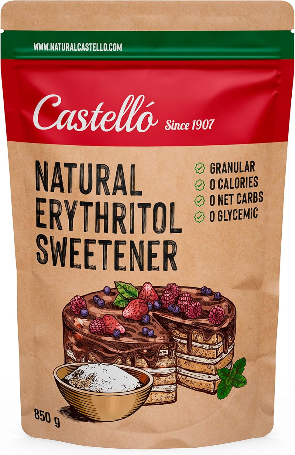 Castello since 1907 Natural Erythritol Sweetener - Granulated | 10g = 7g of sugar | Sugar Substitute - Keto and Paleo - 0 Glycemic - 0 Calories - 0 Net Carbs - Made by corn 100% Non-GMO - 850 g