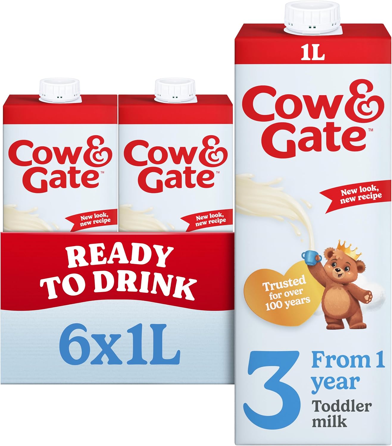 Cow & Gate 3 Toddler Baby Milk Liquid Formula, 1-3 Years, 1L (6 Pack)