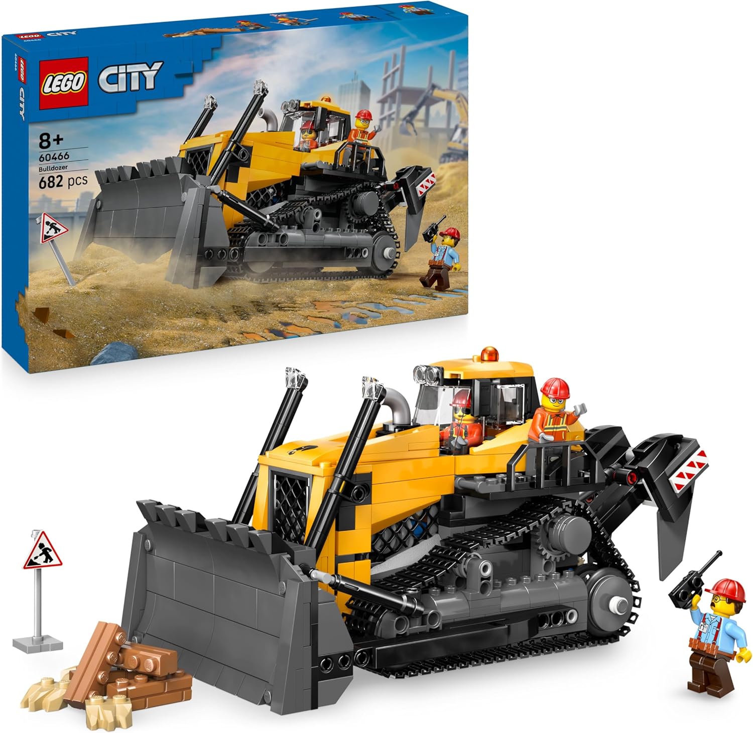LEGO City Yellow Bulldozer Toy - Large Construction Vehicle Building Set - incl. 3 Minifigures plus Loose Bricks & Road Signs - Birthday Gift for 8+ Year Old Boys - 60466