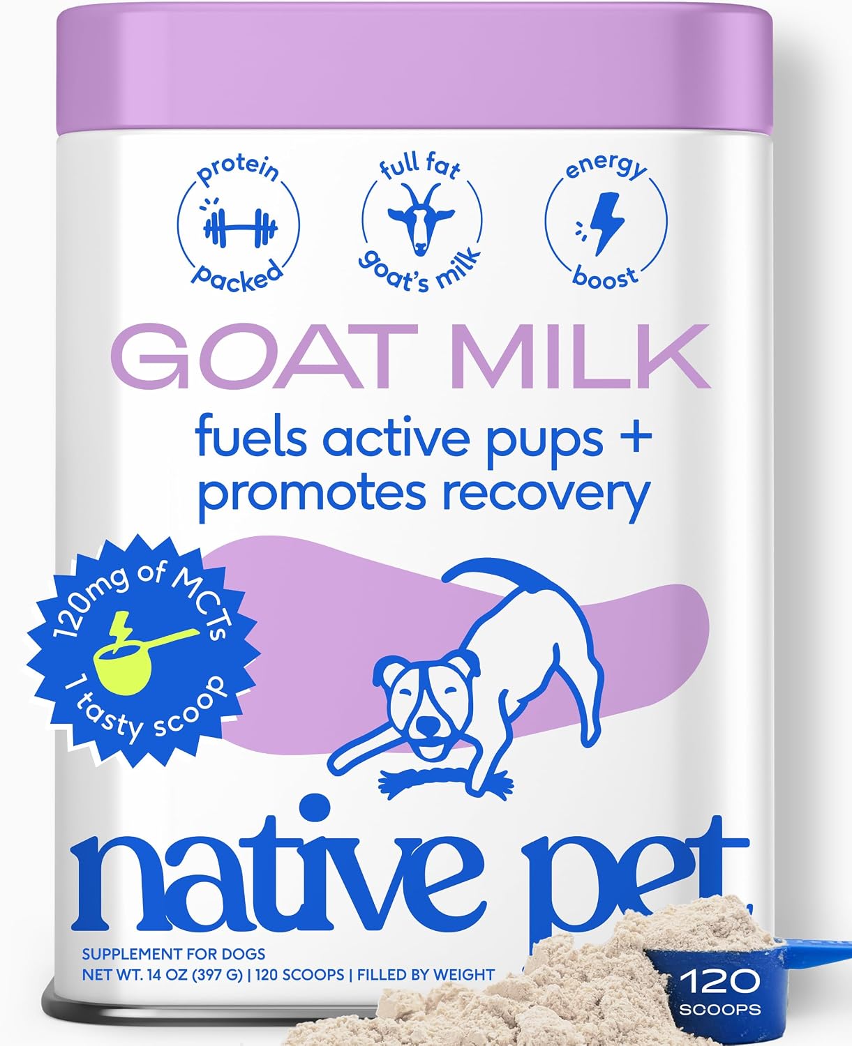 Native Pet Goat Milk Powder - Dog Food Topper for Active Dogs - Post-Activity Recovery, Energy, Immune Support, Hydration & Bone Health - Whole Goat Milk with MCTs & Essential Minerals - 120 Scoops