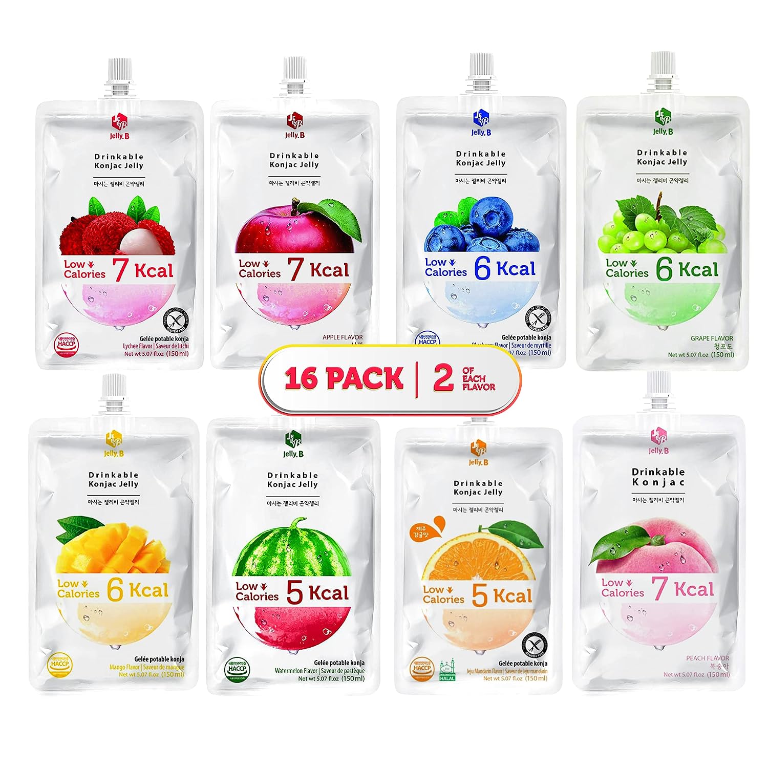 Jelly.B Drinkable Konjac Jelly, 16 Pouches, 8 Flavors, 5.07 fl oz Each