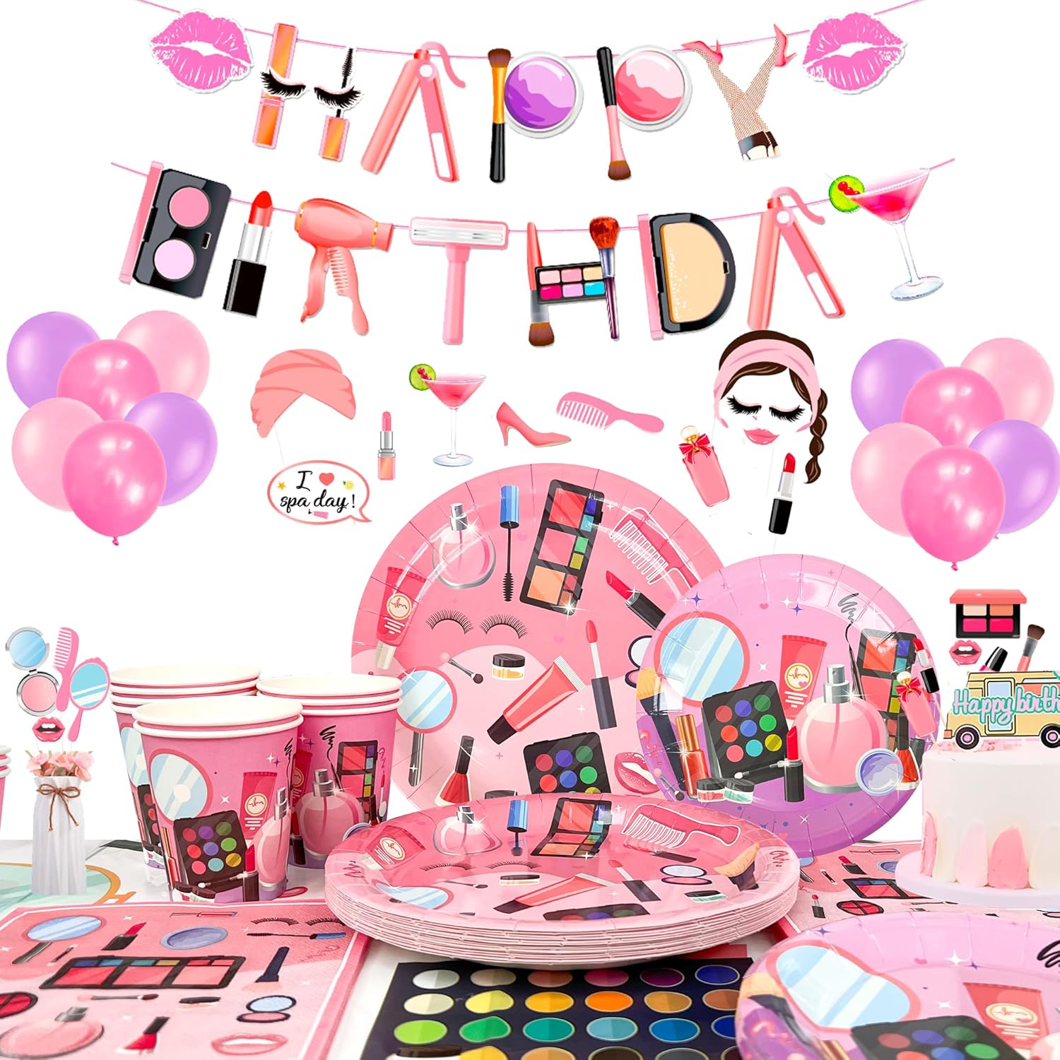 Spa Makeup Birthday Party Supplies Decorations,For 16 Spa Party Supplies Set-Makeup Party Plates Cups Napkins Tablecloth&Spa Theme Photo Props Balloons etc Pamper Decorations for Girl Kids