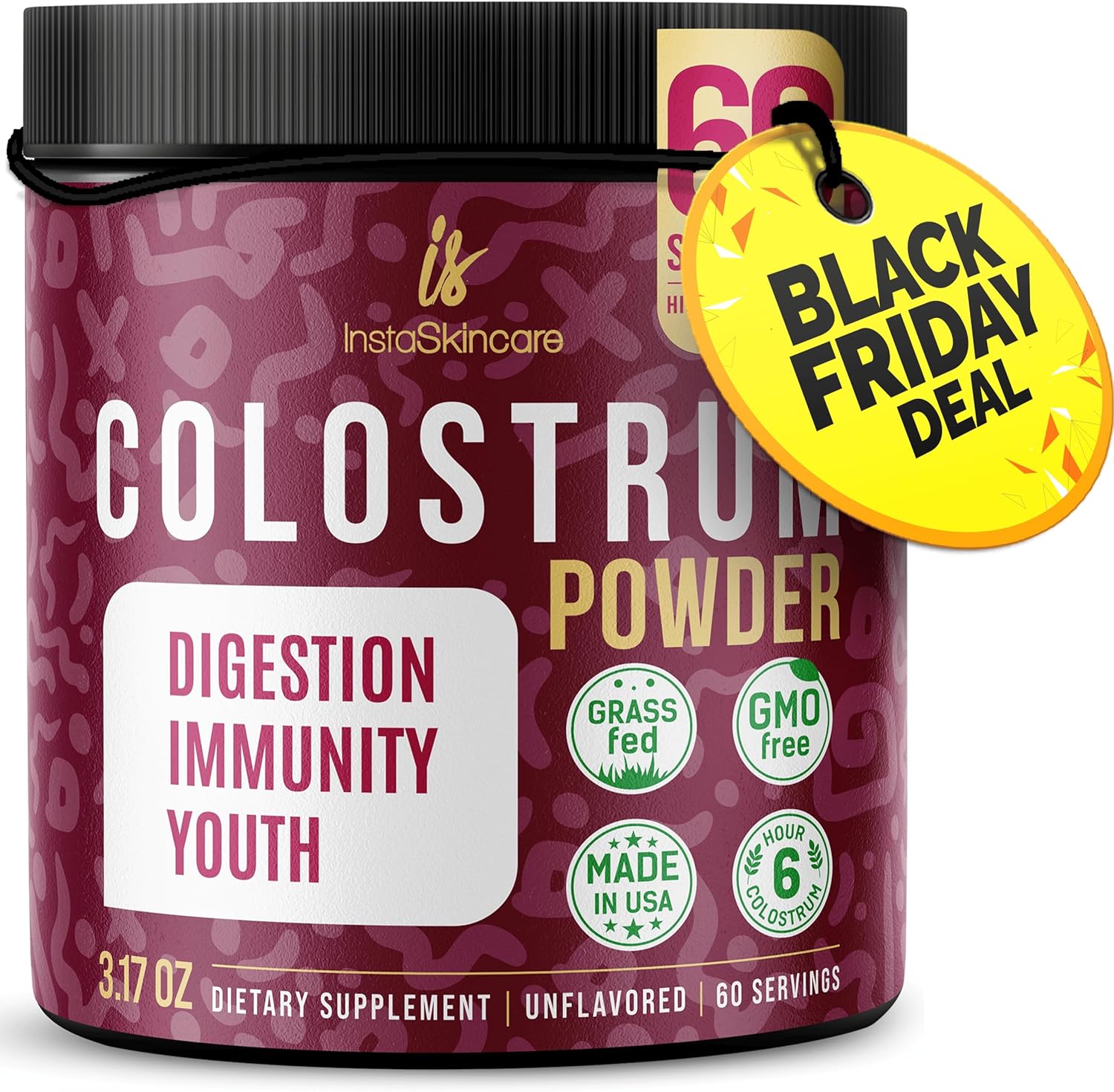 InstaSkincare Bovine Colostrum Powder - Pure Bovine Colostrum for Humans - Grass Fed Colostrum Supplement for Gut Support, Immune Health and Hair Growth - Made in USA 3.17 OZ