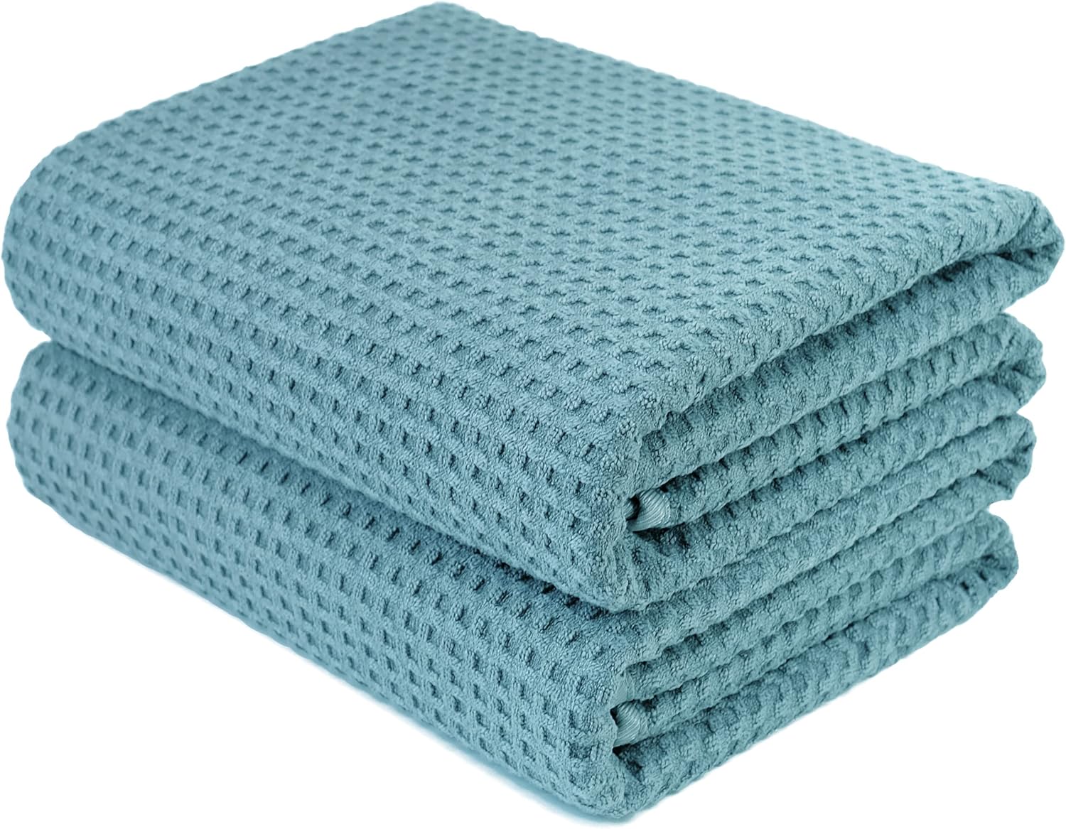 POLYTE Microfiber Oversize Quick Dry Lint Free Bath Towel, 60 x 30 in, Set of 2 (Green, Waffle Weave)