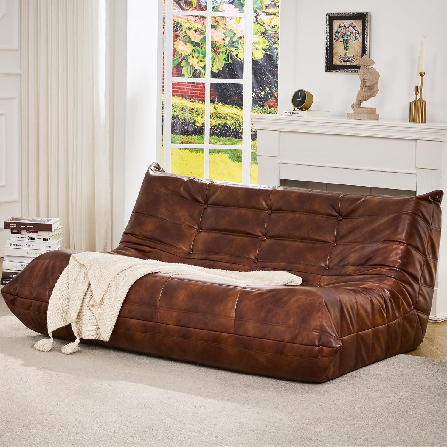 Hobestluk Bean Bag Chair Giant Bean Bag Sofa 3 Seater Bean Bag Chairs for Adults, Loveseat Floor Chair, Leather Bean Bag Chairs for Living Room Bedroom Office (Brown, 3-Seater)