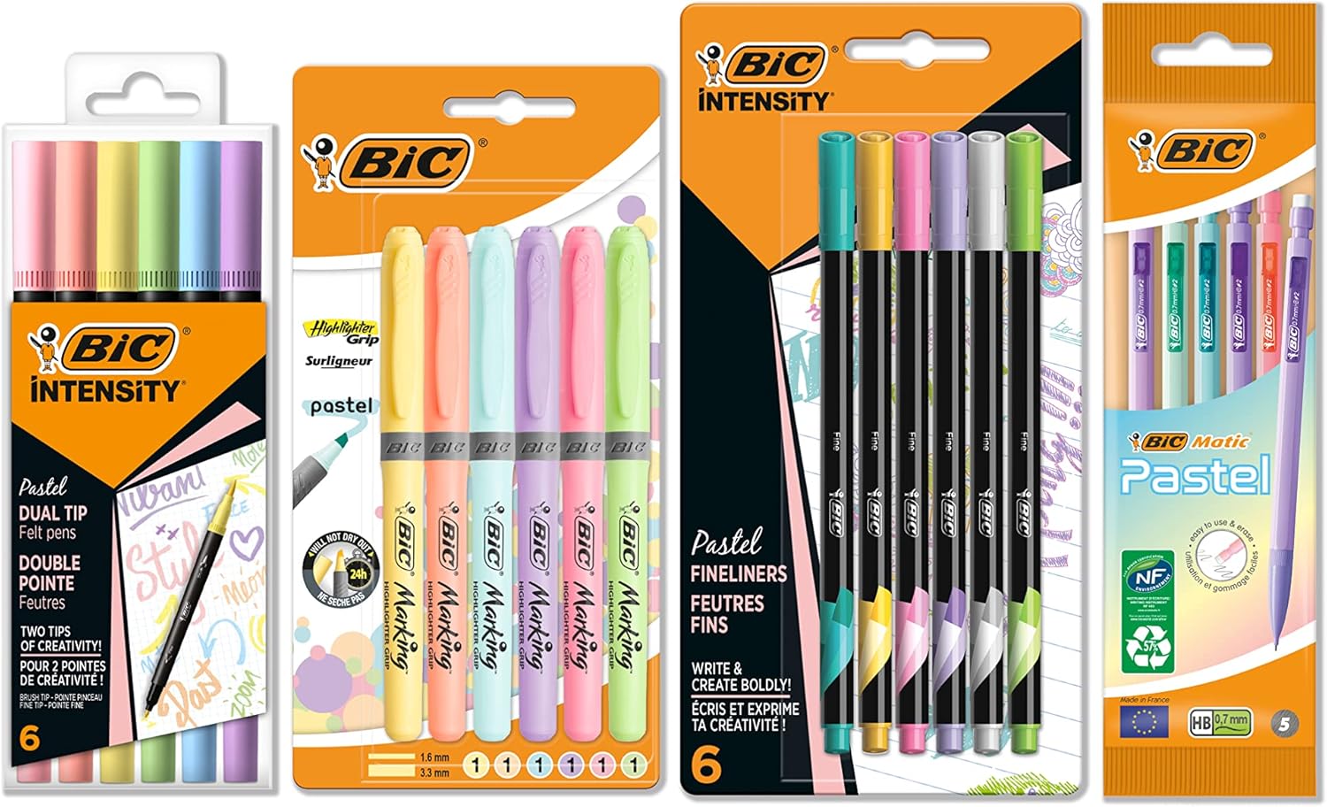 BIC Pastel Stationery Set with Felt Pens, Mechanical Pencils, Highlighters, and Fine liners - Assorted Pastel Barrels and Inks, Bundle of 23 [Amazon Exclusive]
