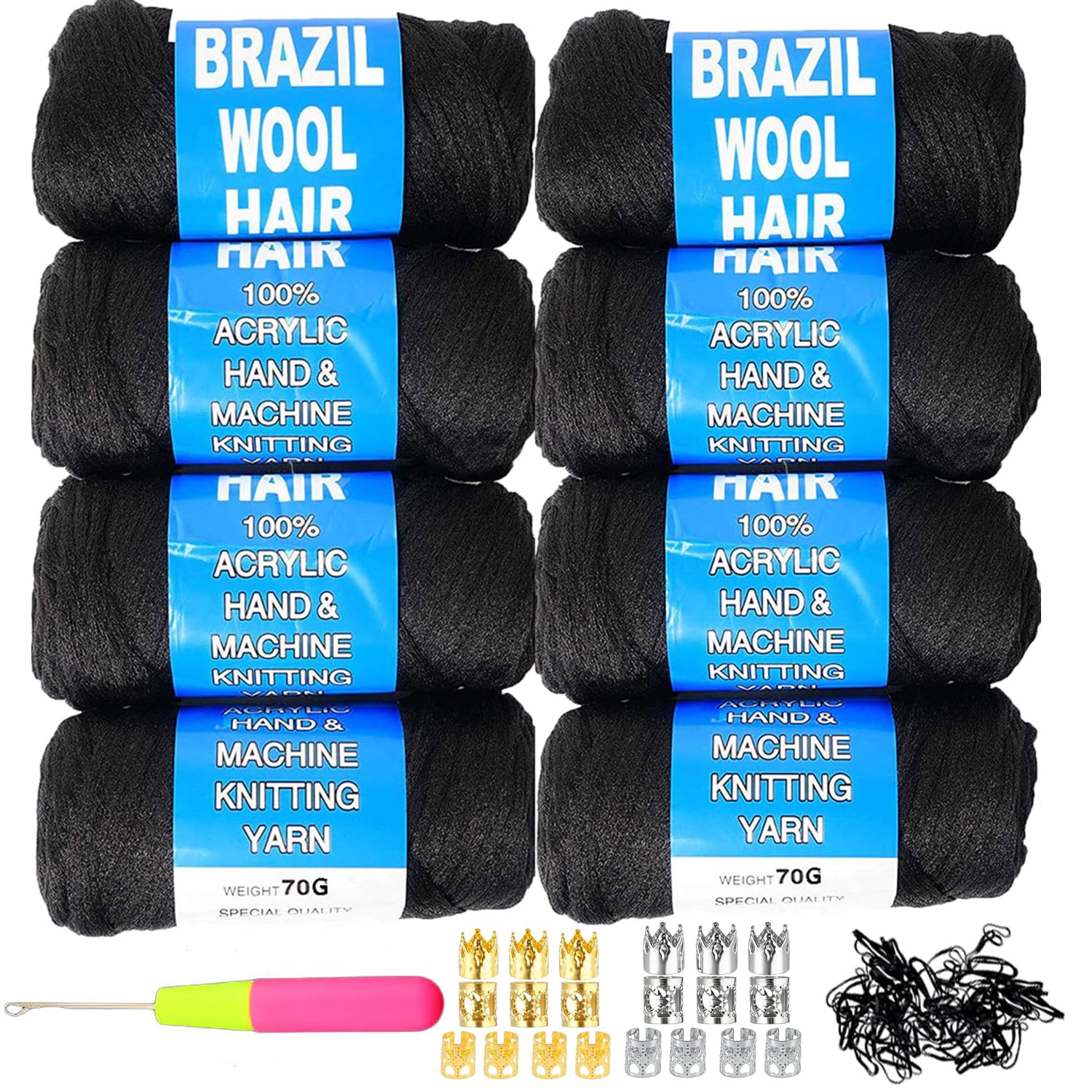 Brazilian Wool Hair Acrylic 100% 8PCS for African Crochet Braid/Box Braids/Jumbo Braiding/Senegalese Twist/Faux Locs/Twist Wraps Synthetic Fiber Hair Extensions Natural Black Color