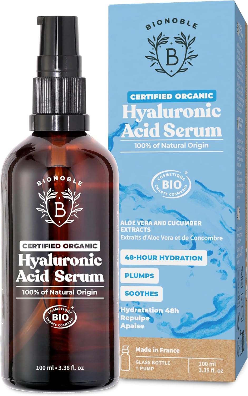 BIONOBLE Hyaluronic Acid Serum Certified Organic - Hydrating, Anti Wrinkle & Anti Aging with Aloe Vera - Vegan Face Serum for Women Mature Skin & All Skin Types - Glass Bottle + Pump - 100ml