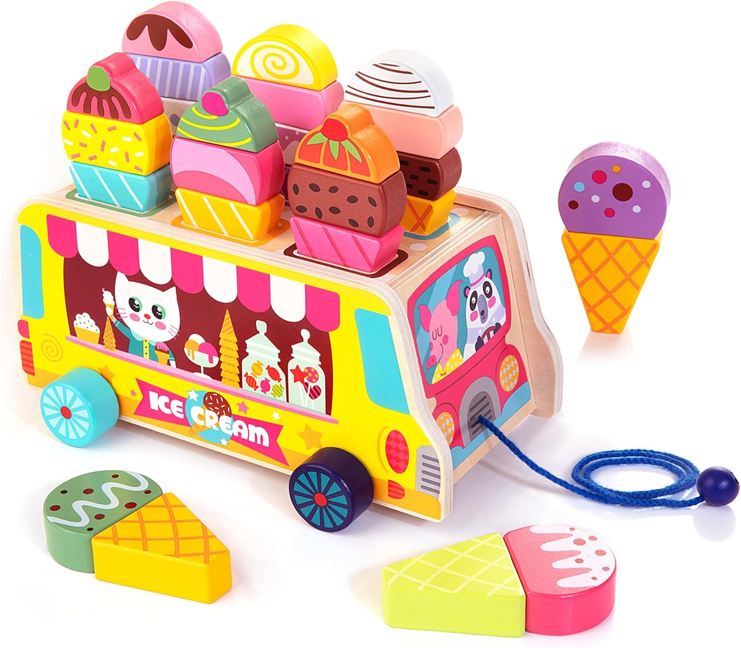 HELLOWOOD Ice Cream Truck, 28 pcs Magnetic Ice Cream Toys, Wooden Pull Toy, Montessori Pretend Play Food, Multi-color, Age 2-5