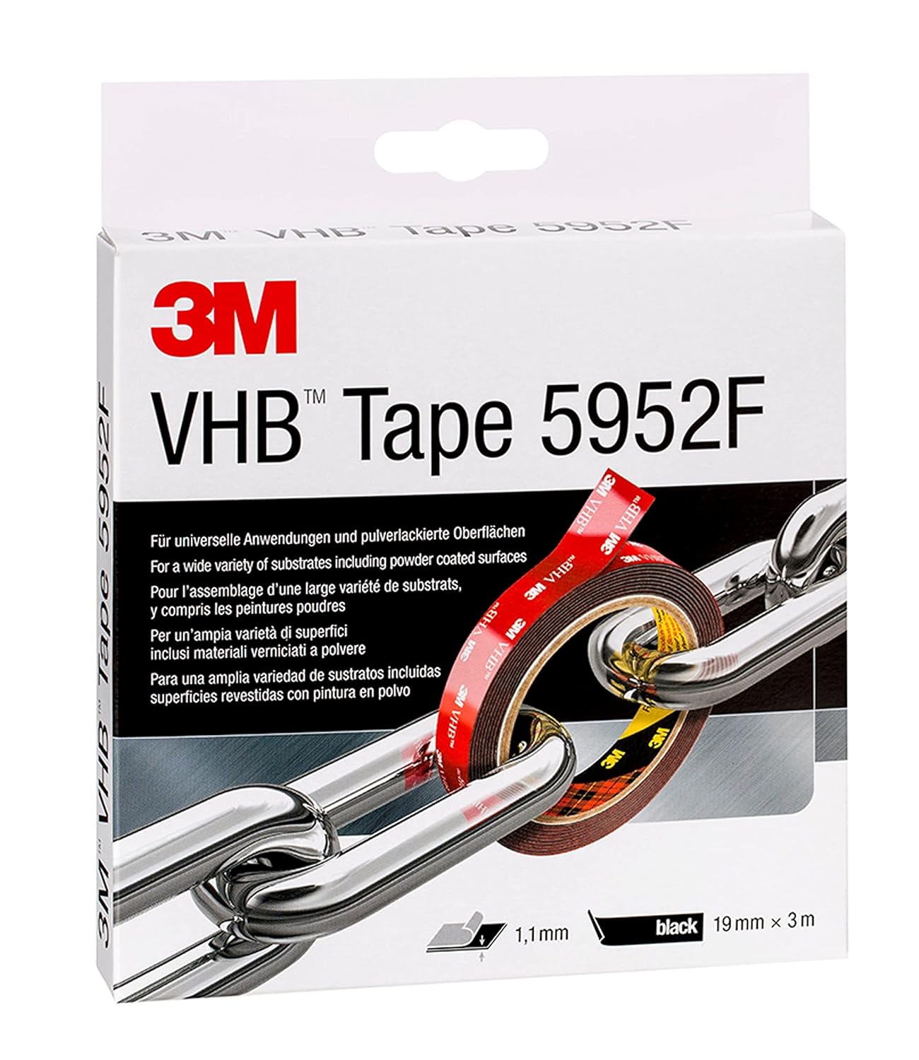 3M VHB 5952 Adhesive Tape Simple Permanent Bonding with Double Coated Tape, Filmic Liner, 19 mm x 3 m, Black, 1 x Roll of Tape
