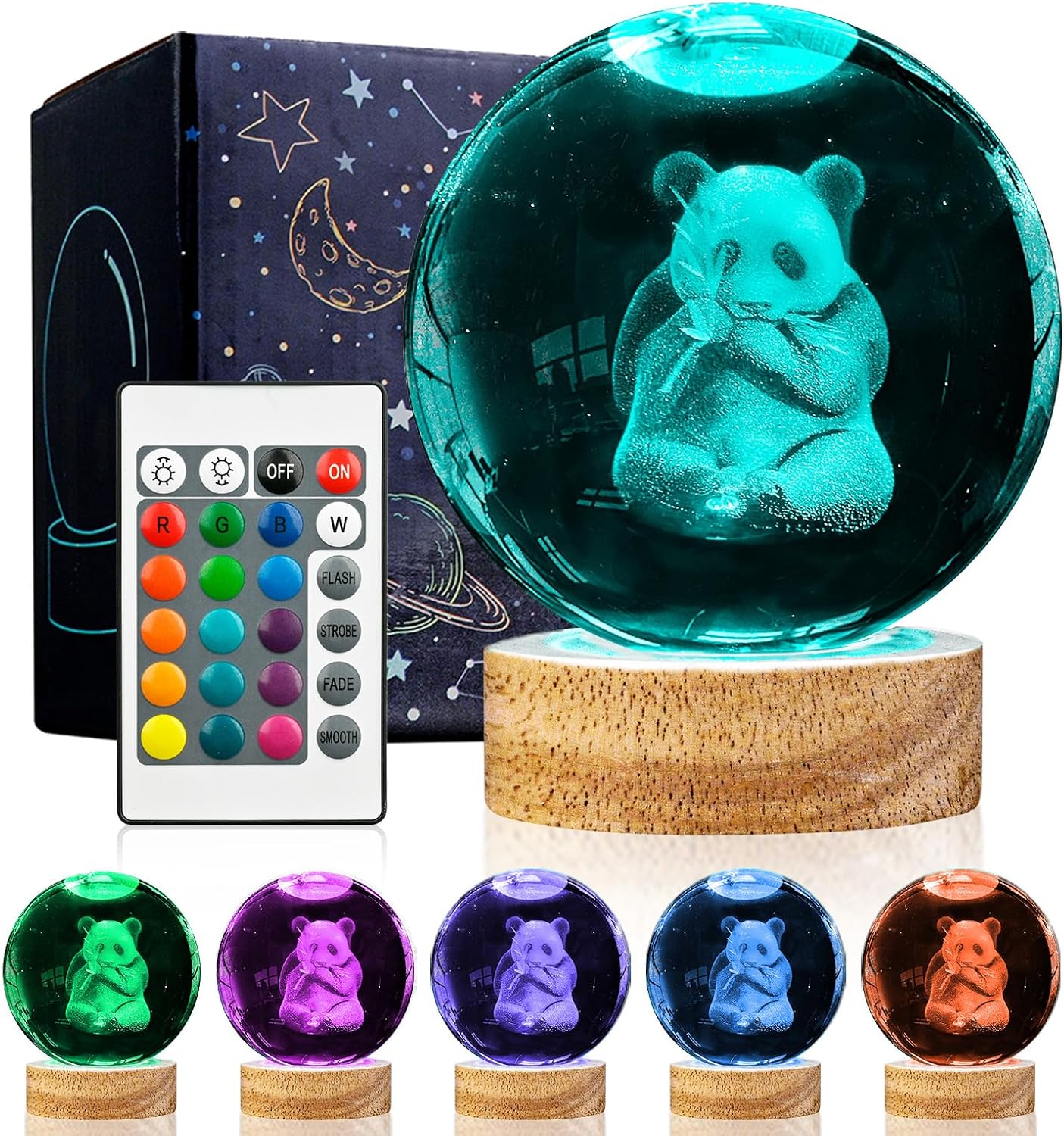3D Crystal Ball Night Light with 16 Color LED Wooden Base, Upgraded 3.15 Inch Glass Ball Lamps with Remote for Birthday Christmas Gifts
