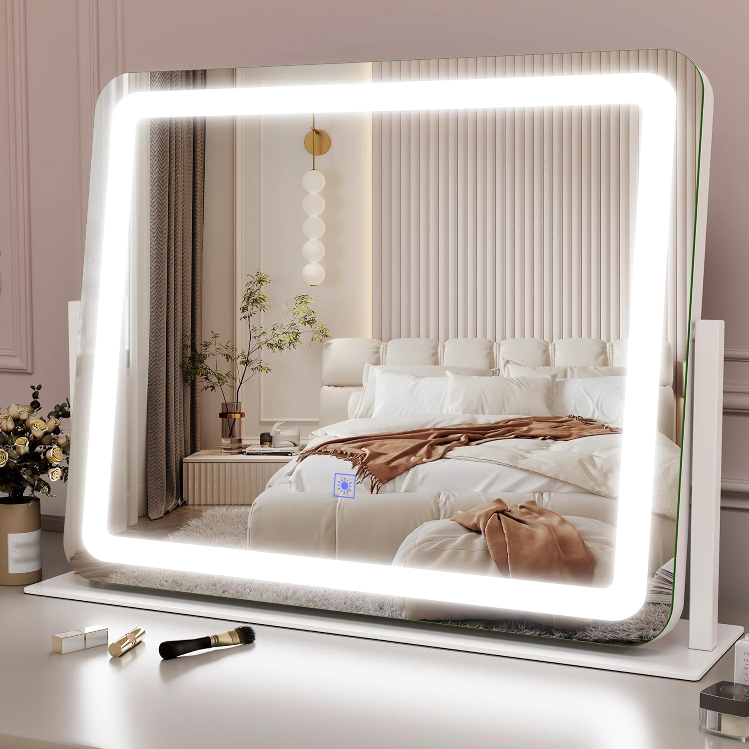 22x19 Inch Lighted Vanity Mirror with Dimmable LED Lights - 3 Color Modes, Smart Touch Control & 360° Rotating Base - Desk Makeup Mirror (White)