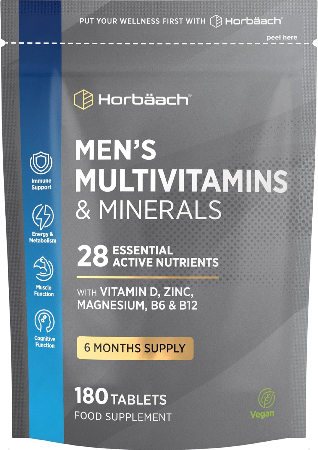 Multivitamin Tablets for Men | 180 Count | 28 Essential Nutrients | with Zinc, Magnesium, Vitamin D3, B12 and More! | Vegan Supplement | By Horbaach
