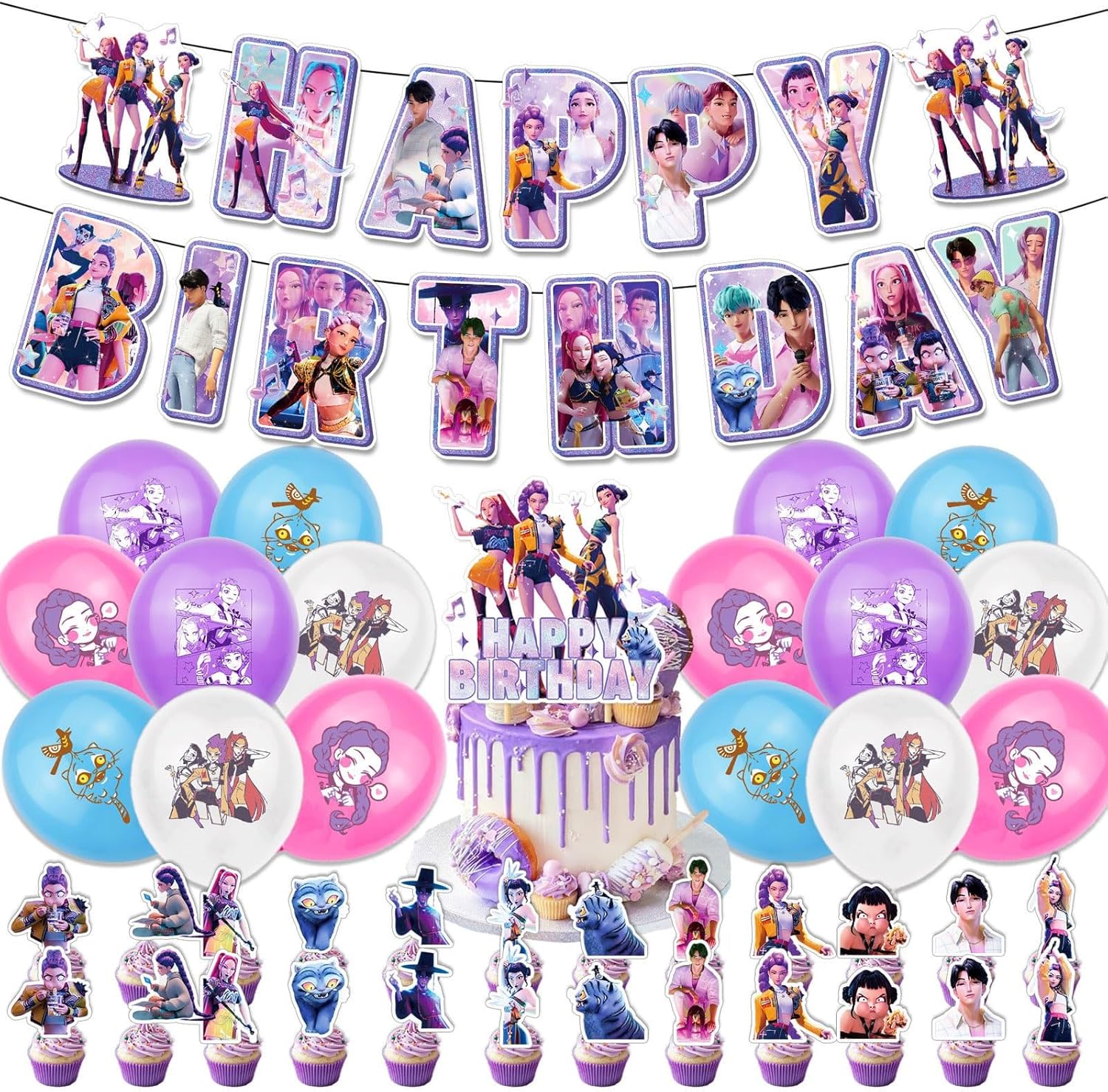 K-Kpop D-Demon H-Hunters Birthday Party Decorations H-Huntr/X Figure Printed Cake Topper Cupcake Toppers Banner Balloons H-Huntrix Party Decorations Supplies for Kids Fans